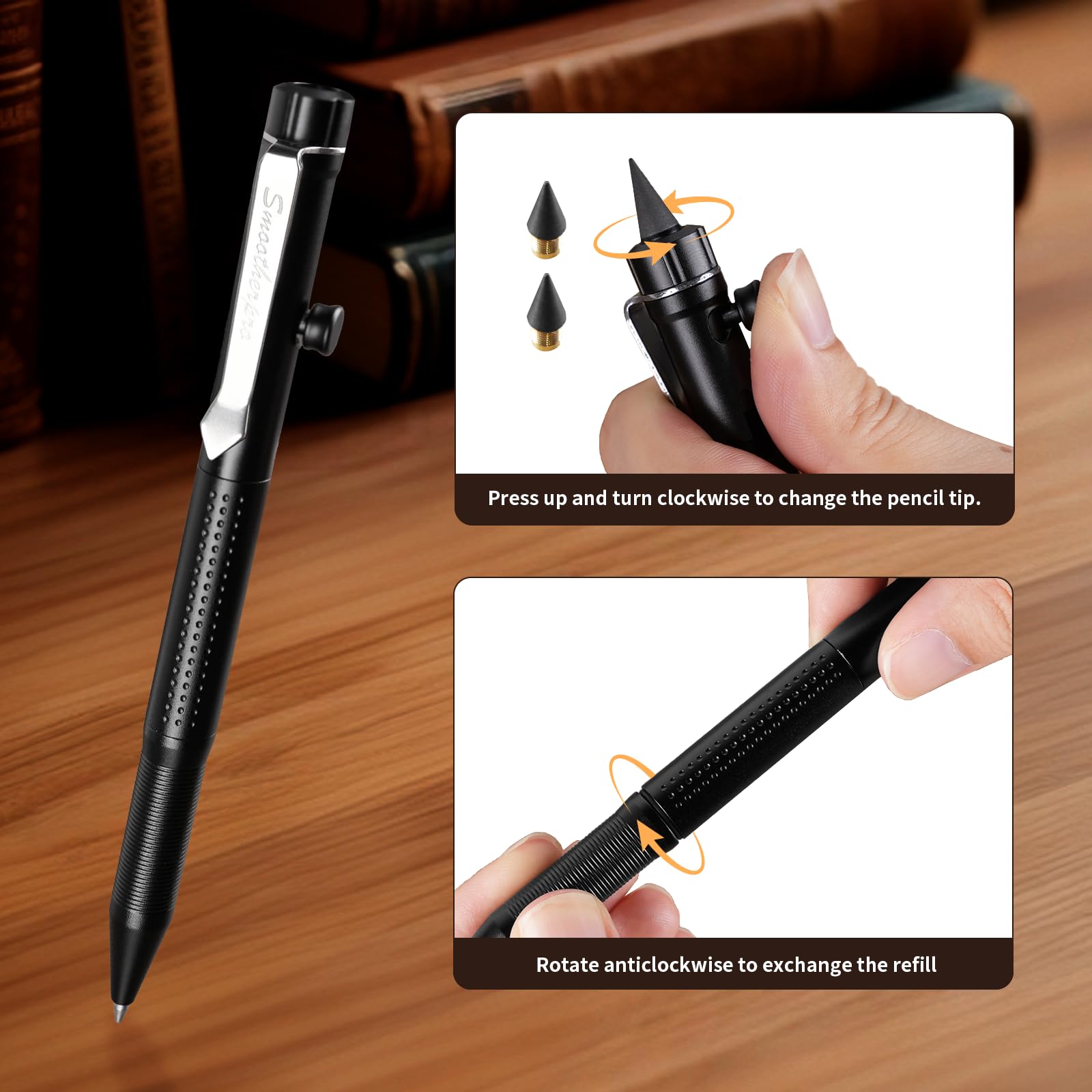 SMOOTHERPRO Bolt Action Aluminum Pen | Ballpoint and Pencil in One with Graphite Alloy Tip Retractable Twist Design | Compatible with Parker Refill | for Office Sketching Journaling (APG02) | Grey - Image 4