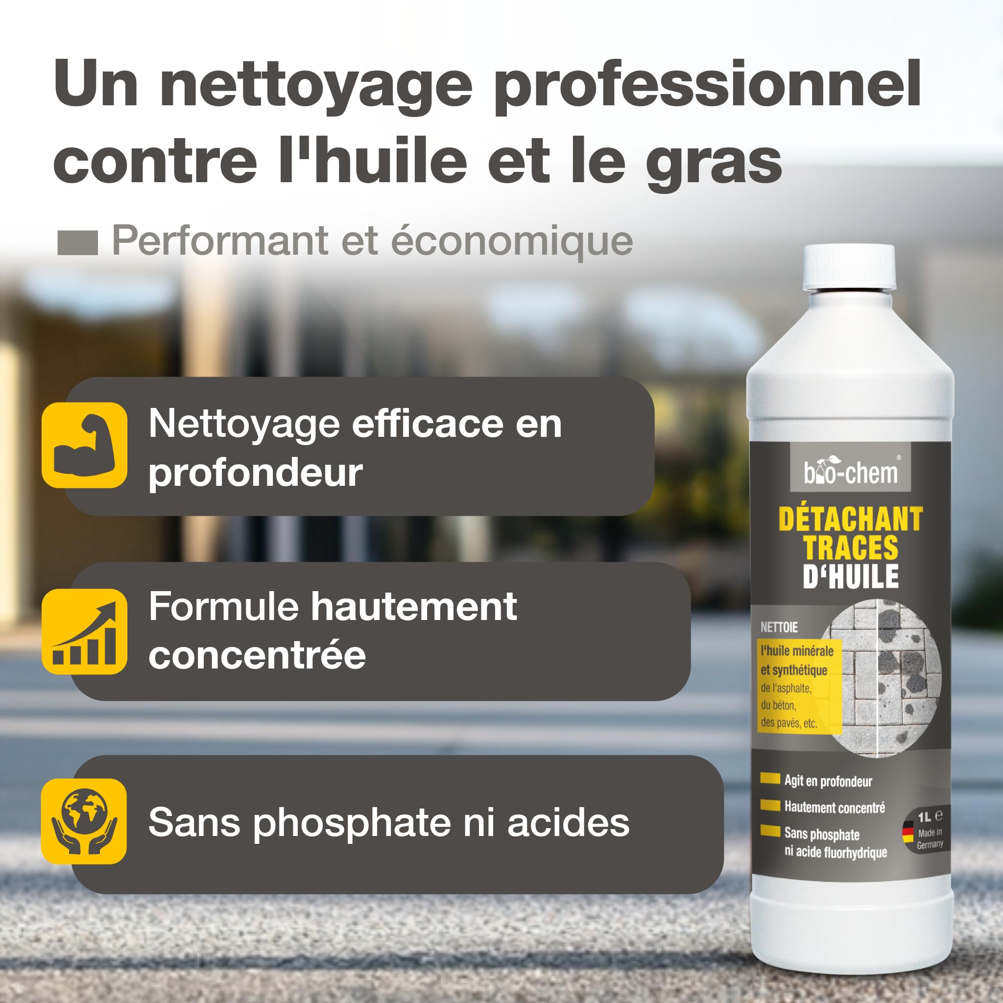bio-chem Détachant pour taches d'huile 1L pour les pavés et le béton | Détachant concentré biodégradable - Nettoyage sols en pierre et asphalte - Nettoyant voitures, garages et terrasses