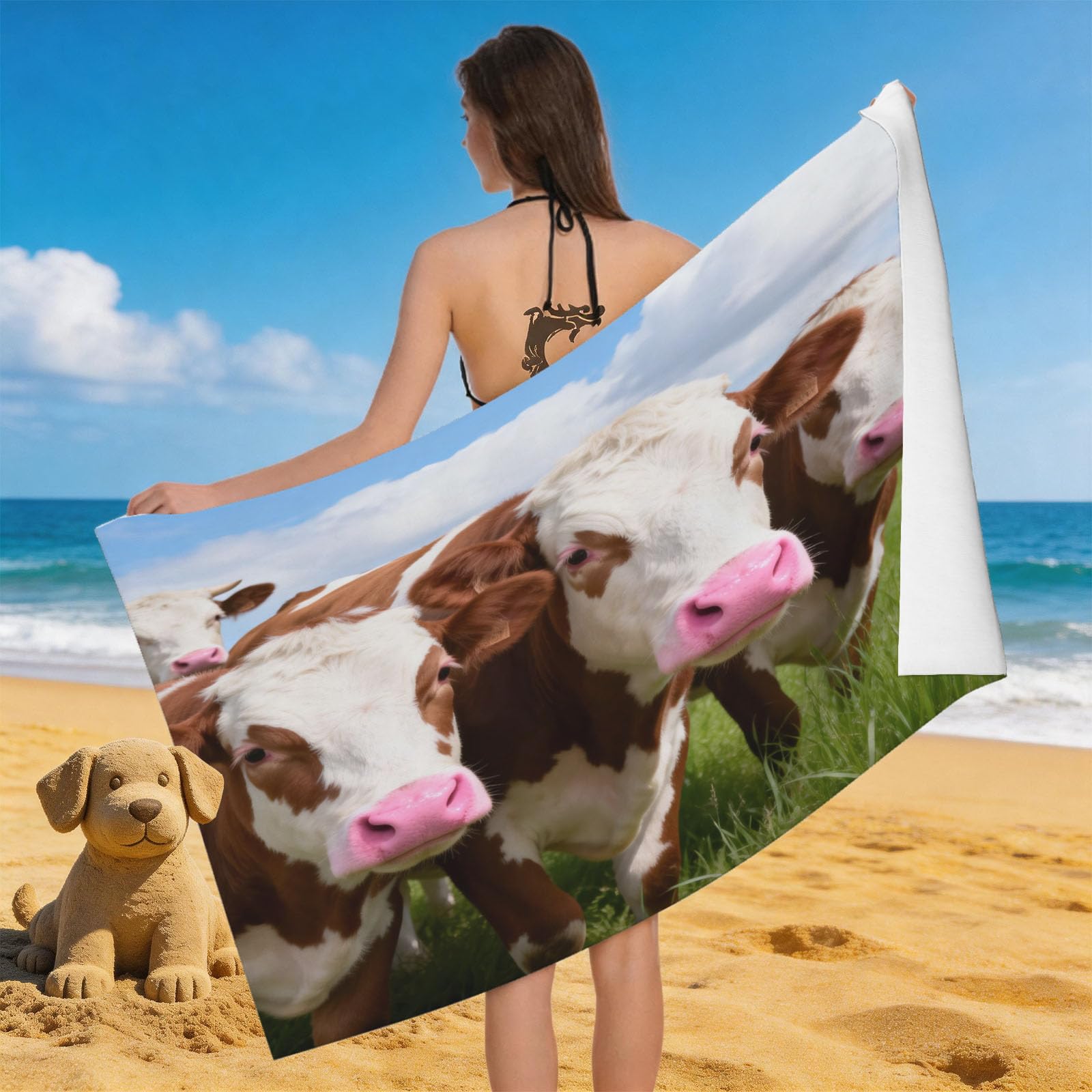 Leichong 3D Cow Print Beach Towel Large Microfiber Soft Quick Dry for Adults, Rural Landscape Bath Towel Lightweight Soft Absorbent for Travel Swimming Pool Sports, 180 x 90 cm