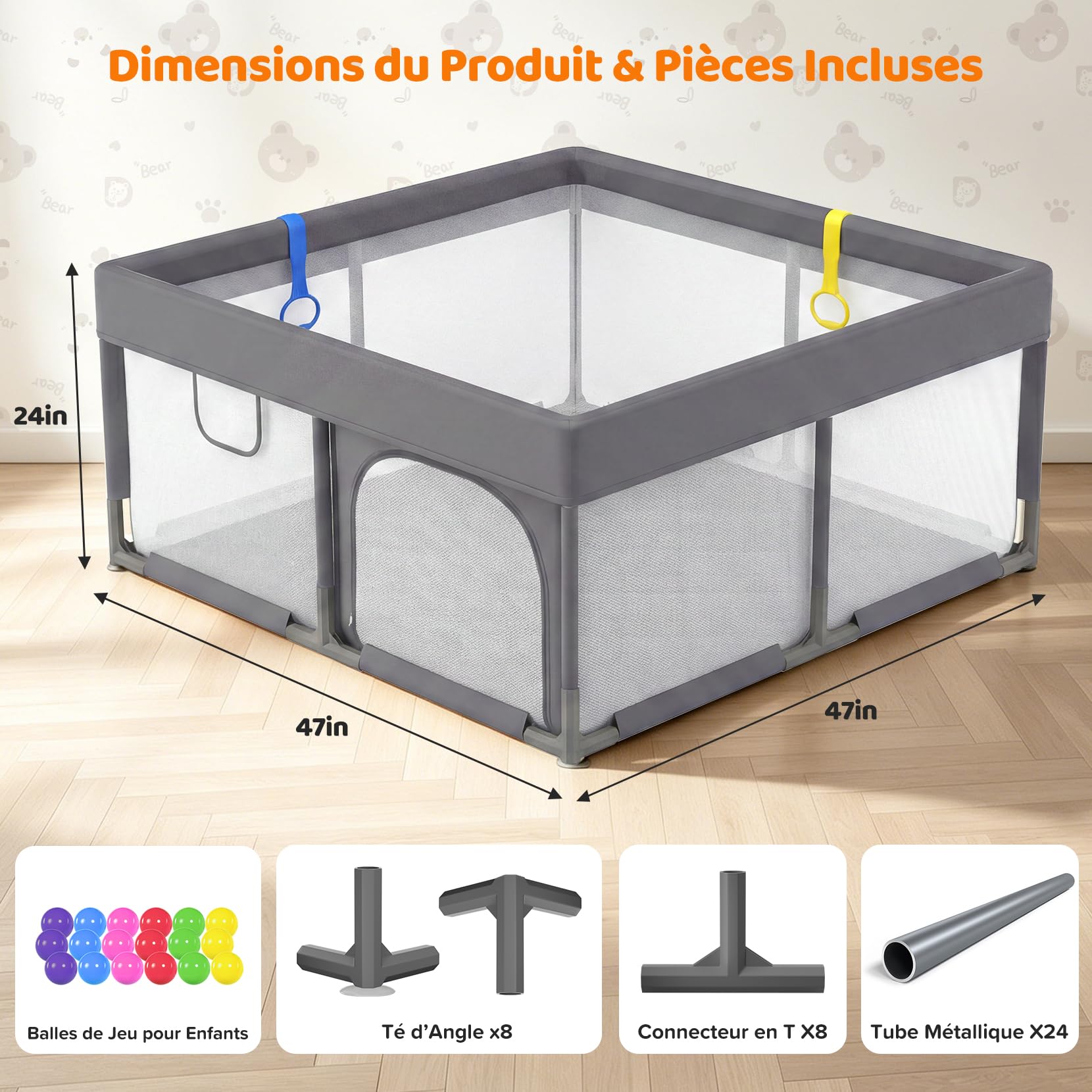 Dripex parc bébé,parc bebe modulable - Small, (grafite) | 124x124cm, avec Tapis Intégré, Piscine à Balles, Parc Enfant Oxford 2100D, 2 Anneaux