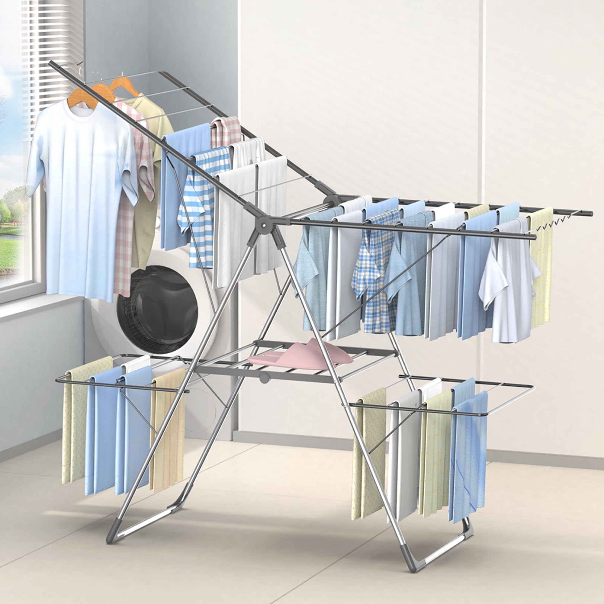 Innotic Étendoir Linge Intérieur Extérieur, Séchoir à Linge Pliable à 2 Niveaux, 4 Ailes Réglables en Hauteur, Tancarville Linge XXL, 33 Barres, Gris