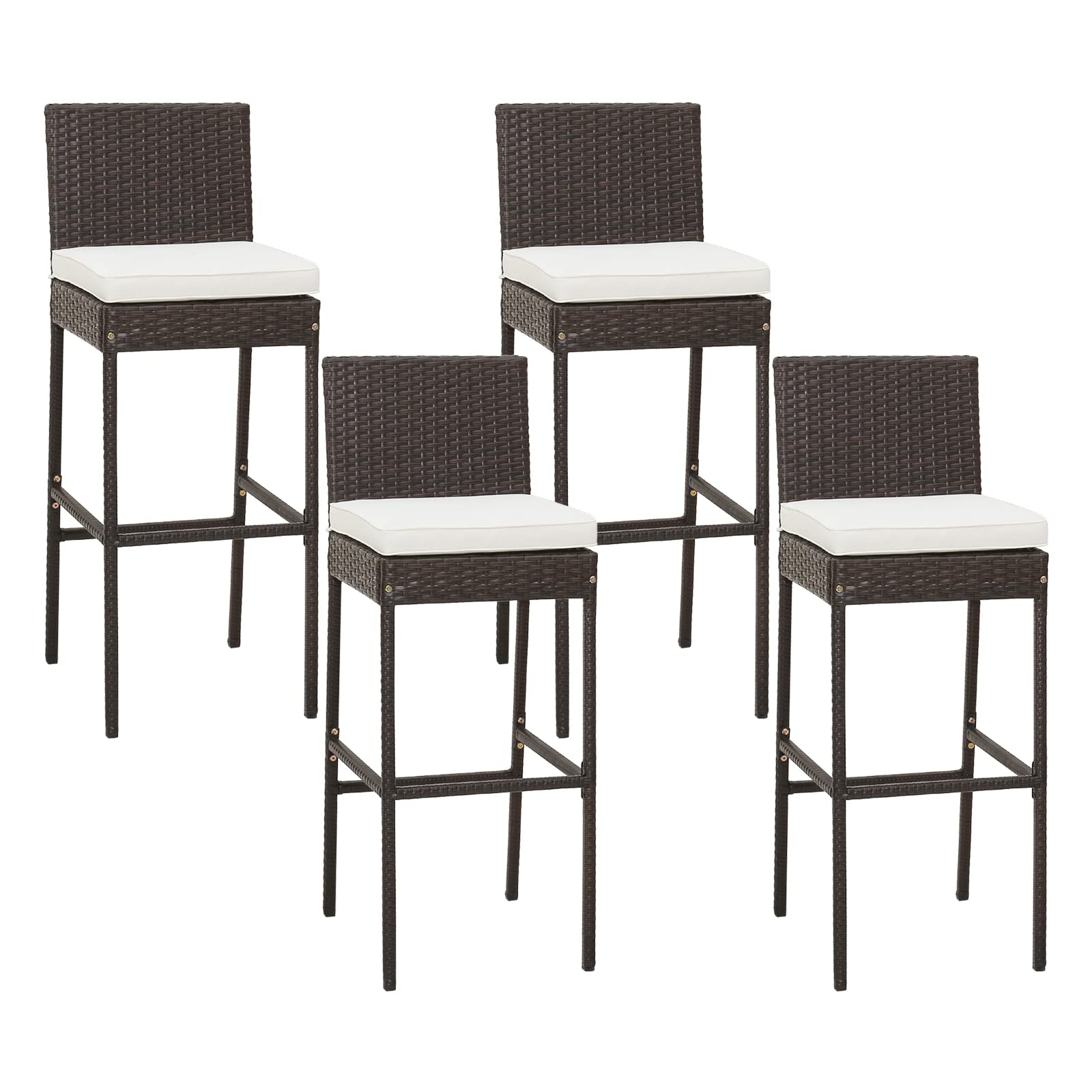 RELAX4LIFE Outdoor Bar Stools Set of 4 - Wicker Rattan Patio Barstools Tall Chairs w/Back, Footrest, Seat Cushions & Metal Frame, 400LBS Weight