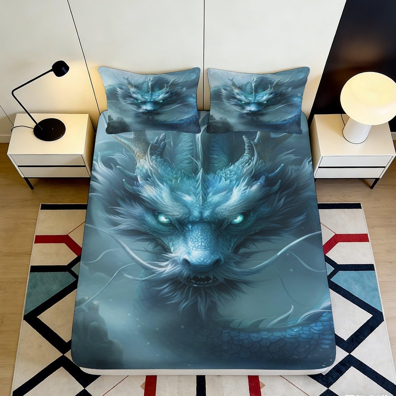 3D Printed Blue Dragon Fitted Sheet Microfiber Soft Non-Slip Fantasy Beast Mattress Cover for Bedroom Dorm Mattress Protection 90x200x25cm