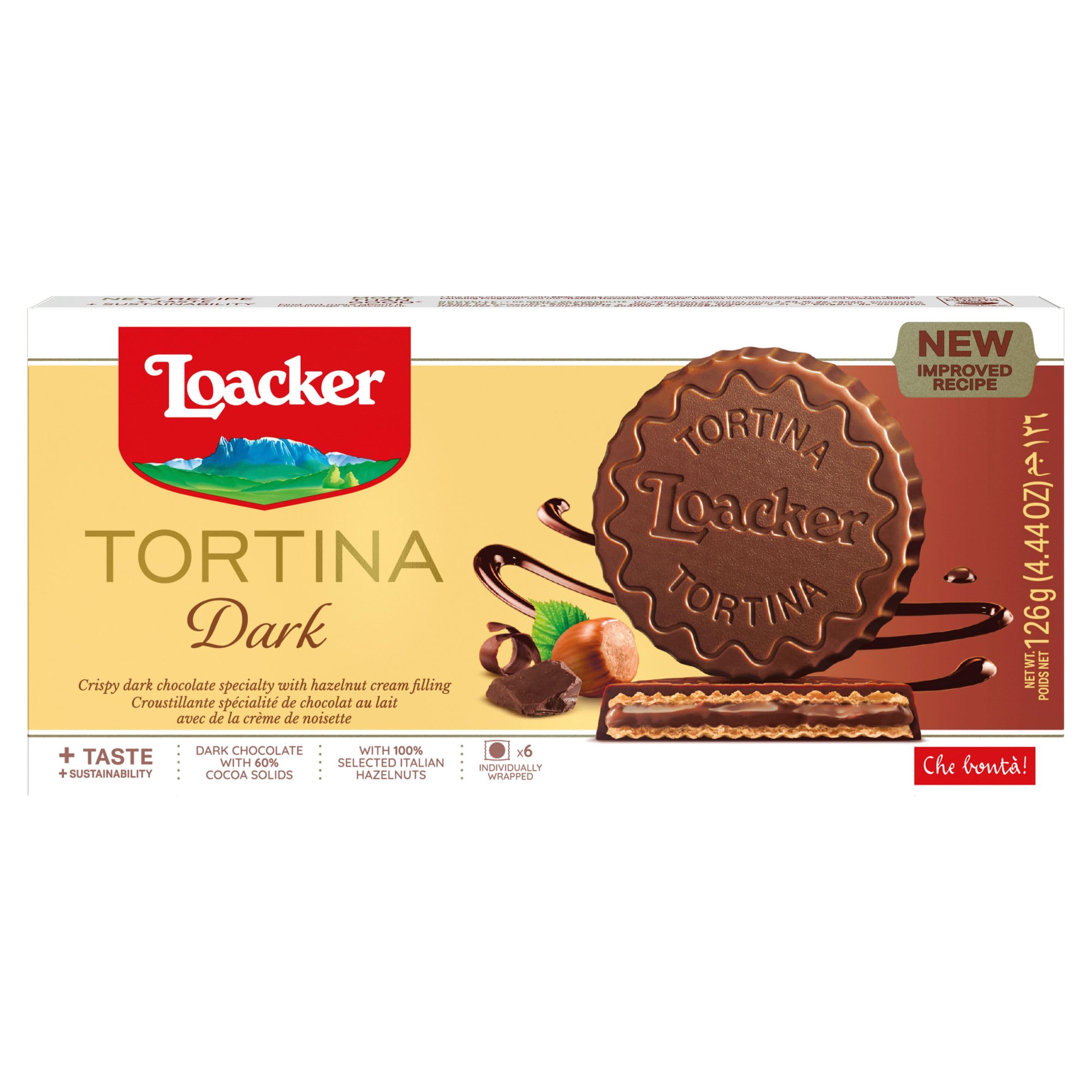 Loacker Tortina Wafers, Dark Chocolate Hazelnut Flavour, Box of Chocolate Biscuits, Classic Italian Cookie, All Natural Ingredients, Single Pack 126g - 6 individually wrapped