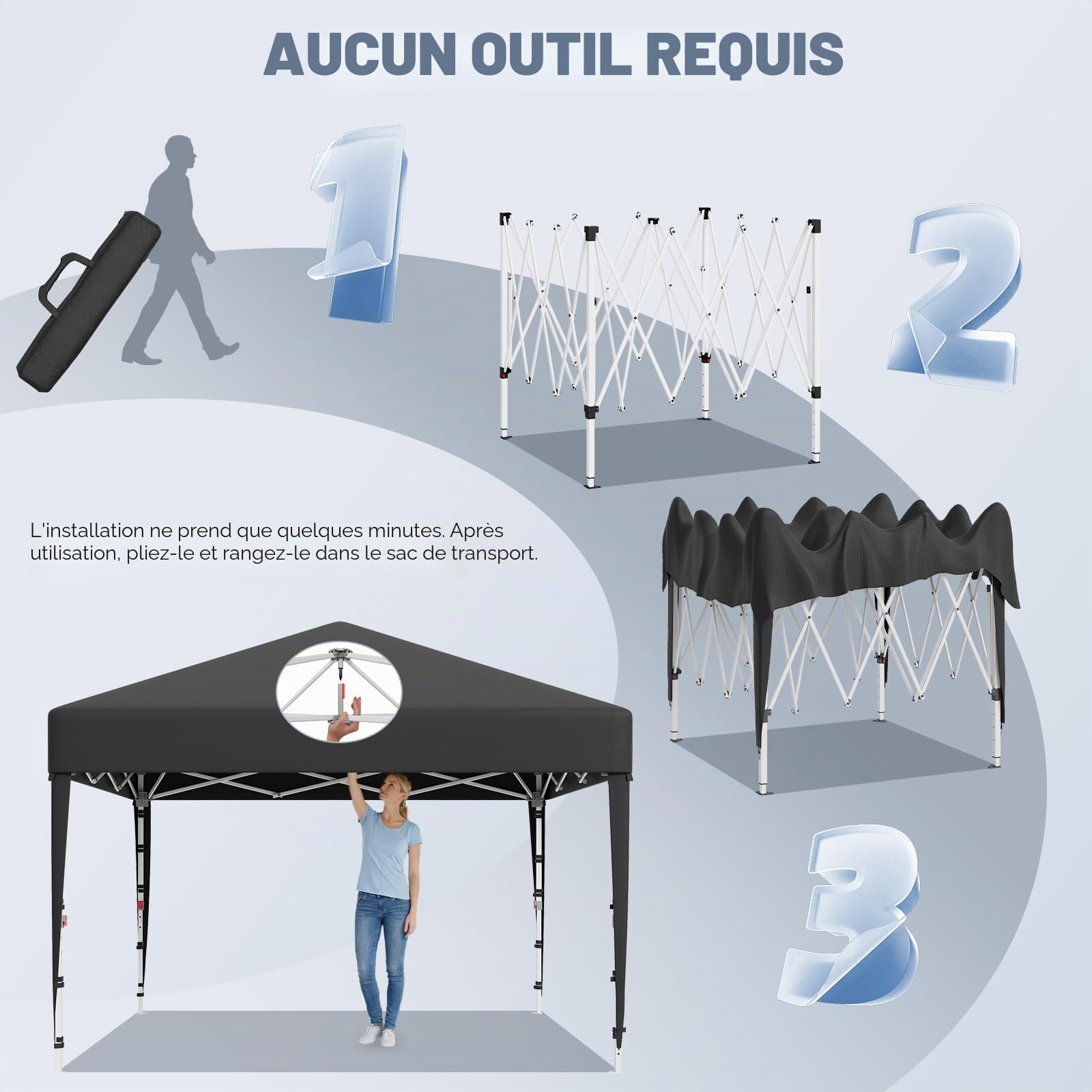 JUMMICO Tonnelle Pavillon Pliable 3x3m à Montage Rapide｜Assemblage en 5 Minutes｜Hauteur Réglable & 10cm Plus Haut｜Stable au Vent & Imperméable｜pour Jardin, Camping & Fêtes Gris