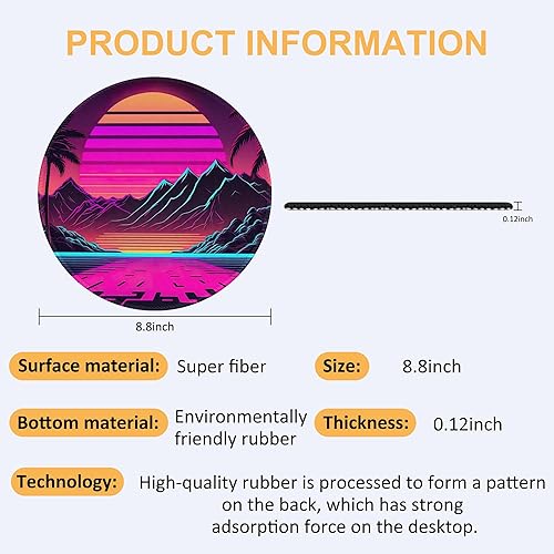 Miniatura 2 de Tapete de escritorio, alfombrilla de mouse retro para juegos de puesta de sol de neón, 8.8 pulgadas, con base antideslizante y borde cosido,