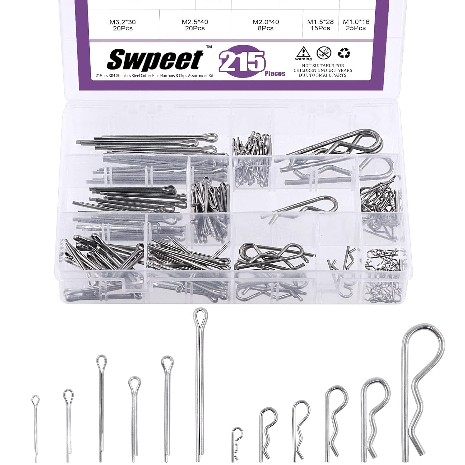 Swpeet 110Pcs 304 Stainless Steel Cotter Pin Hair Pin Hitch Pin R Shape Clips Fastener Fitting Assortment Kit, Multiple Sizes Hair Pins R Clips Fastener Set for Use on Hitch Pin Lock System