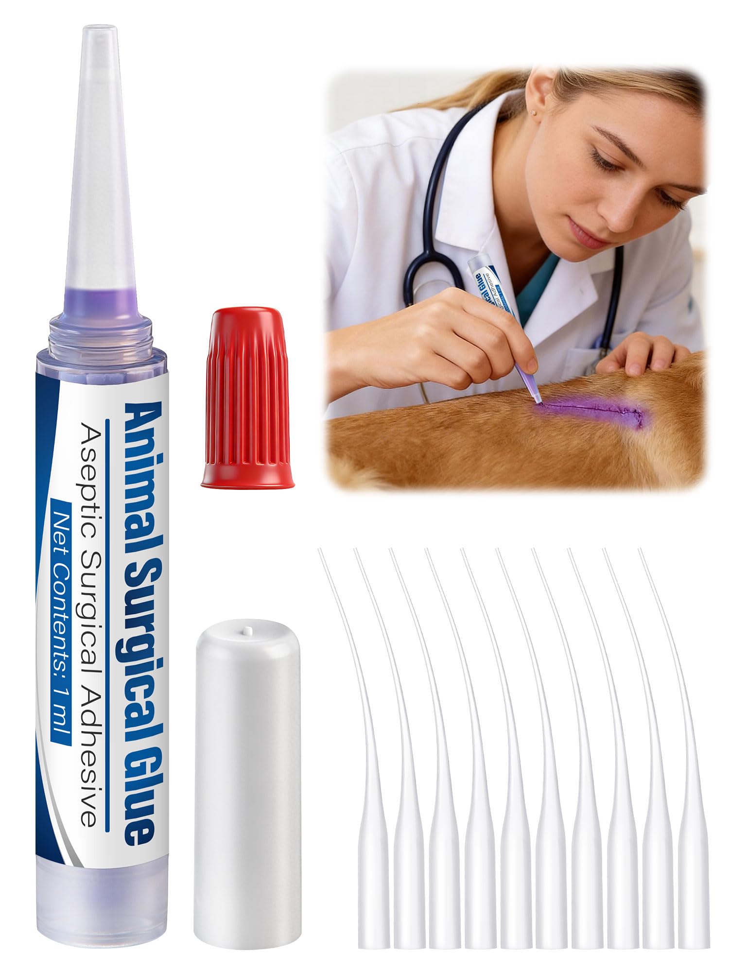 Veterinary Surgical Skin Glue, Strong Surgical Adhesive with 10 Precise Applicators, Blue Tinted Fast Acting Waterproof Wound Closure for Pets Dogs Cats, Pain Free & Stress Free (1 Pack,1ml)