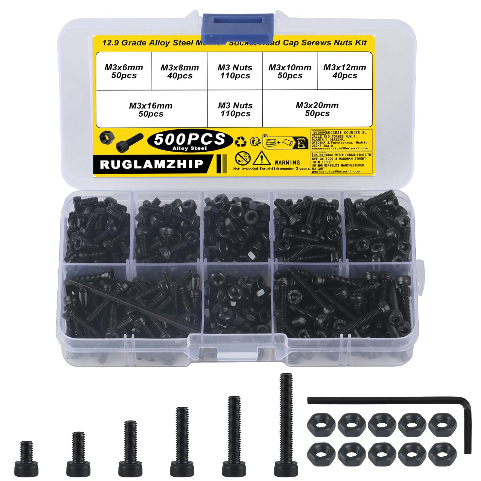500 Pcs M3 Bolts and Nuts Set, M3 Nuts and Bolts Set, Hex Bolts Set, Black Machine Screws Bolts Nuts Fastener Assortment Kit