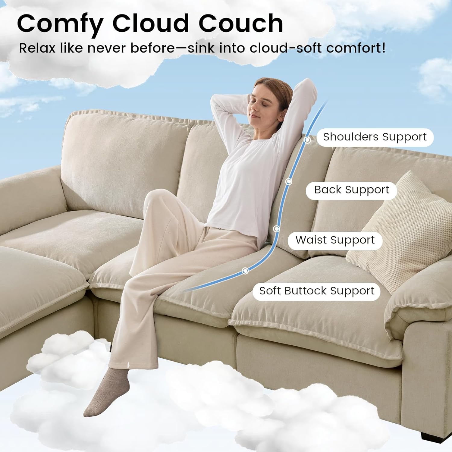 Cloud Couch Sectional with Double Layer Seat Cushion Modular Sectional Sofa with Padded Armrests 5 Seats Sectional Couches for Living Room Apartment Chenille Beige