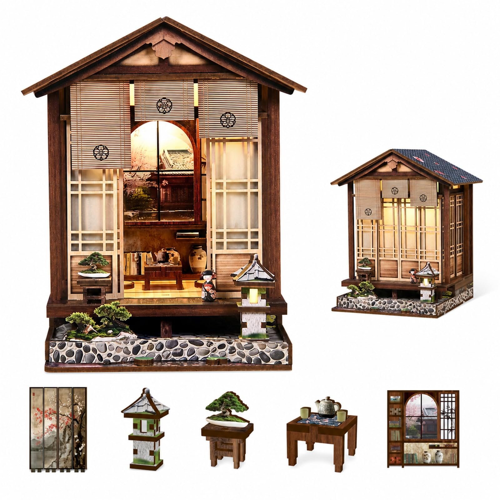 Book Nook Kit for Adults, Japanese Miniature House 3D Puzzle with LED Light