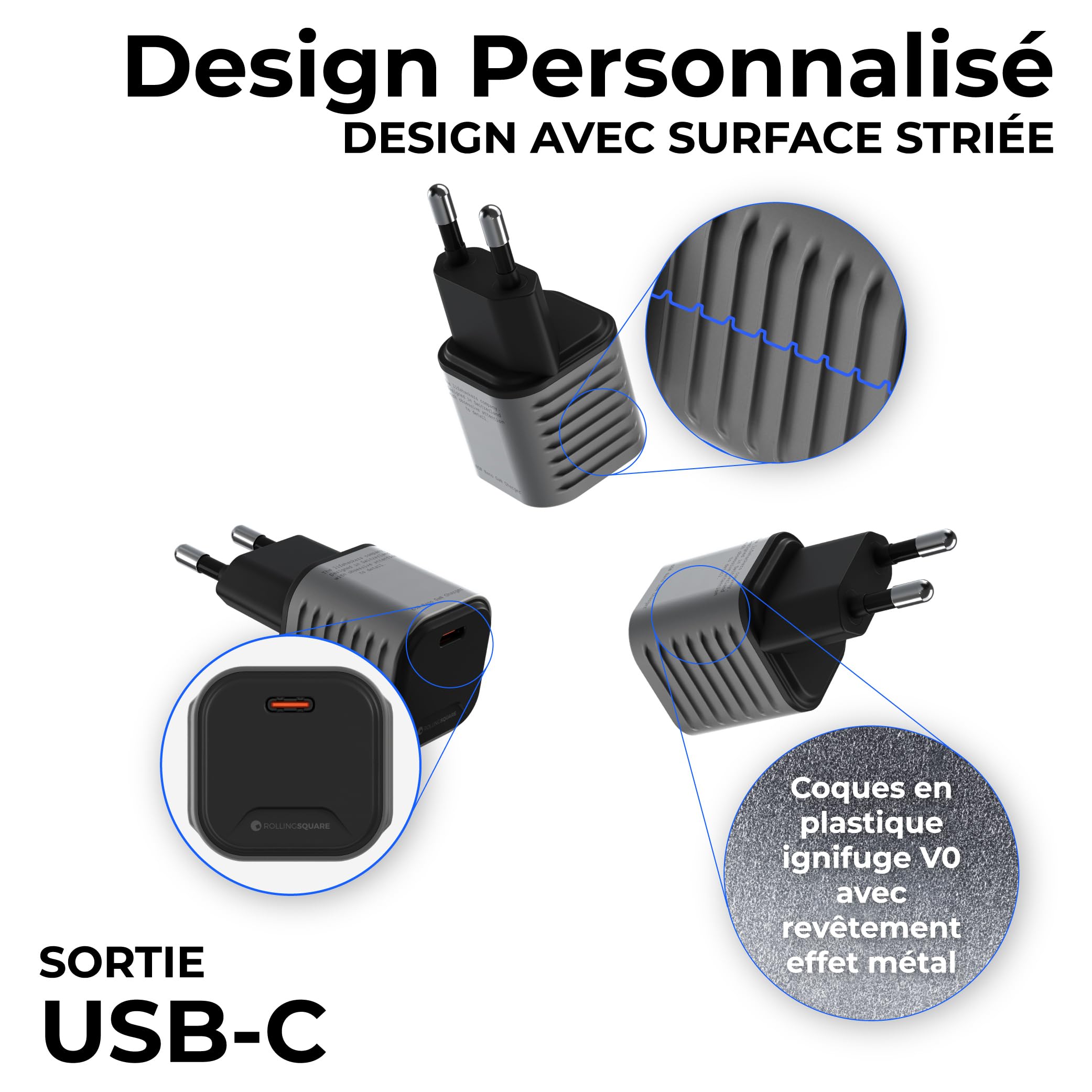 Rolling Square Supertiny - 65W Chargeur USB C Rapide Mural 65W GaN Ultra Petit, Adaptateur Prise EU - Prise USB C pour Téléphone Portable, Ordinateur Laptops et Tablet pour Voyage