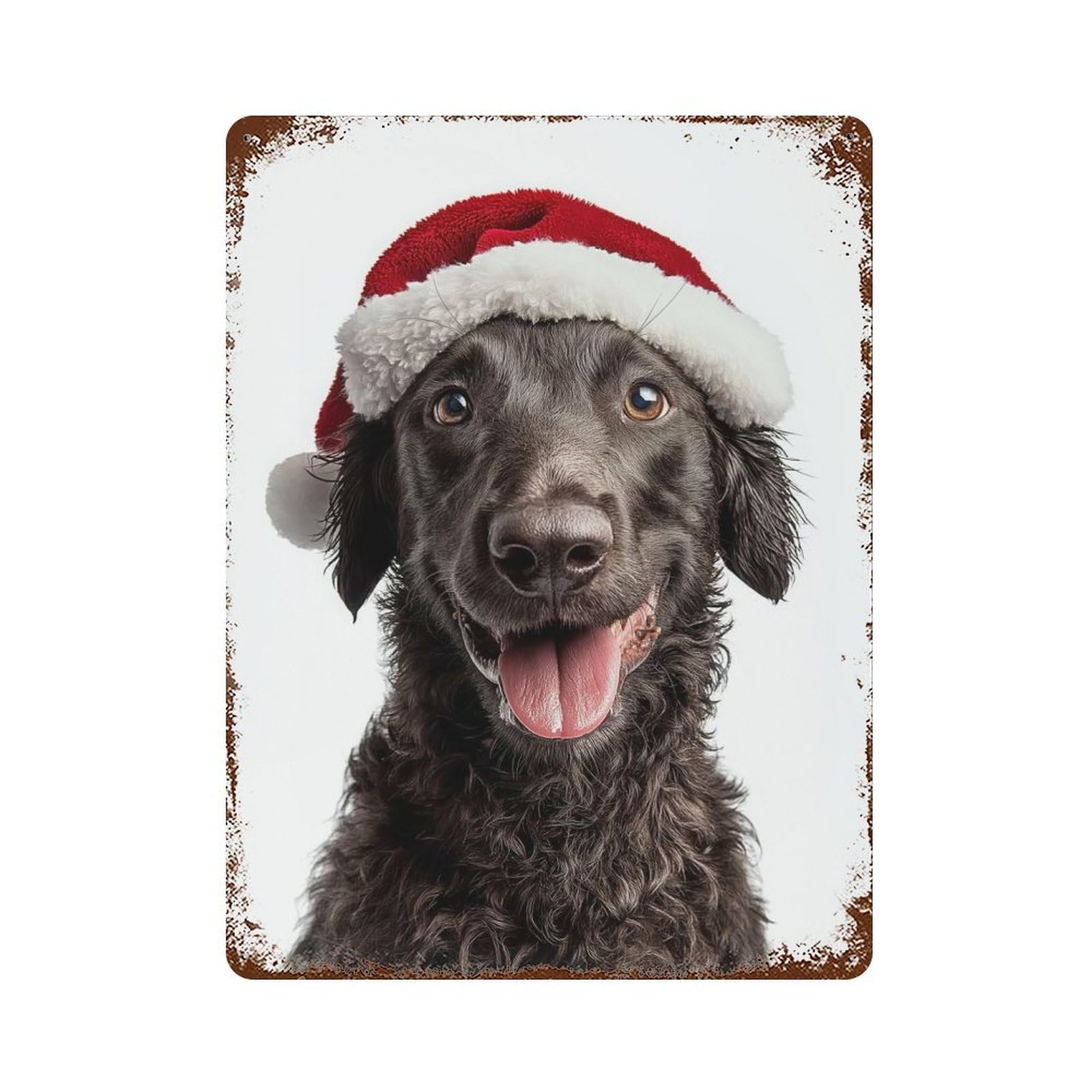 Curly-Coated Retriever Dog with Santa Hat 15.7"x11.8" Aged Metal Wall Plaque, Retro Wall Decor for Farmhouse, Kitchen And Entryway Decor