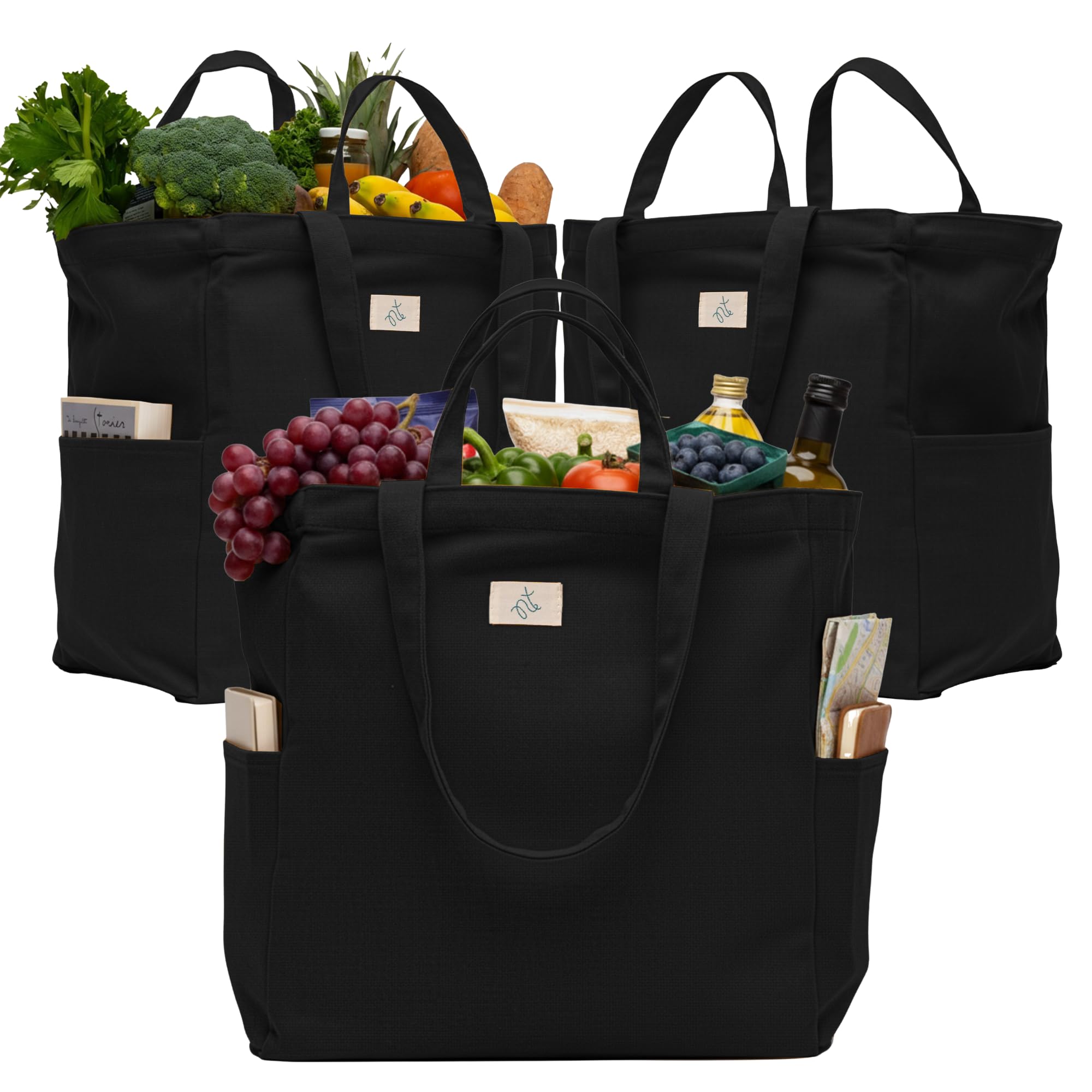 Nook Theory 3-Pack Reusable Grocery Bags - Heavy Duty, Large 12 Oz Cotton Canvas Reusable Shopping Bags With Pockets, 100% Cotton Cloth Grocery Totes,