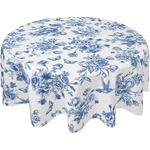 Blue and White Chinoiserie Floral Round Tablecloth 60 Inch Vintage French Toile Butterfly Table Cloth Classic Farmhouse Decorative Table Cover for Kitchen Dining Outdoor Picnic Party