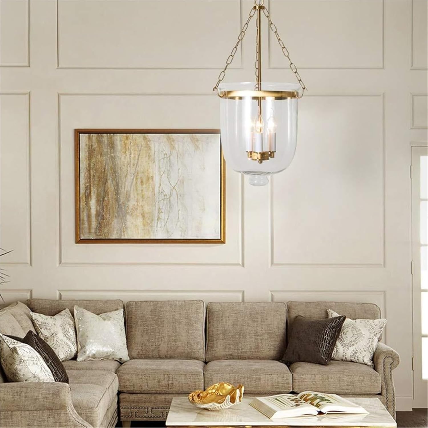 LNPTAL Modern Brass Foyer Pendant Light, Clear Glass Hanging Entryway Lamp, E14 Candle Bulb Ceiling Light Fixture for Hallway Stairwell Living Room