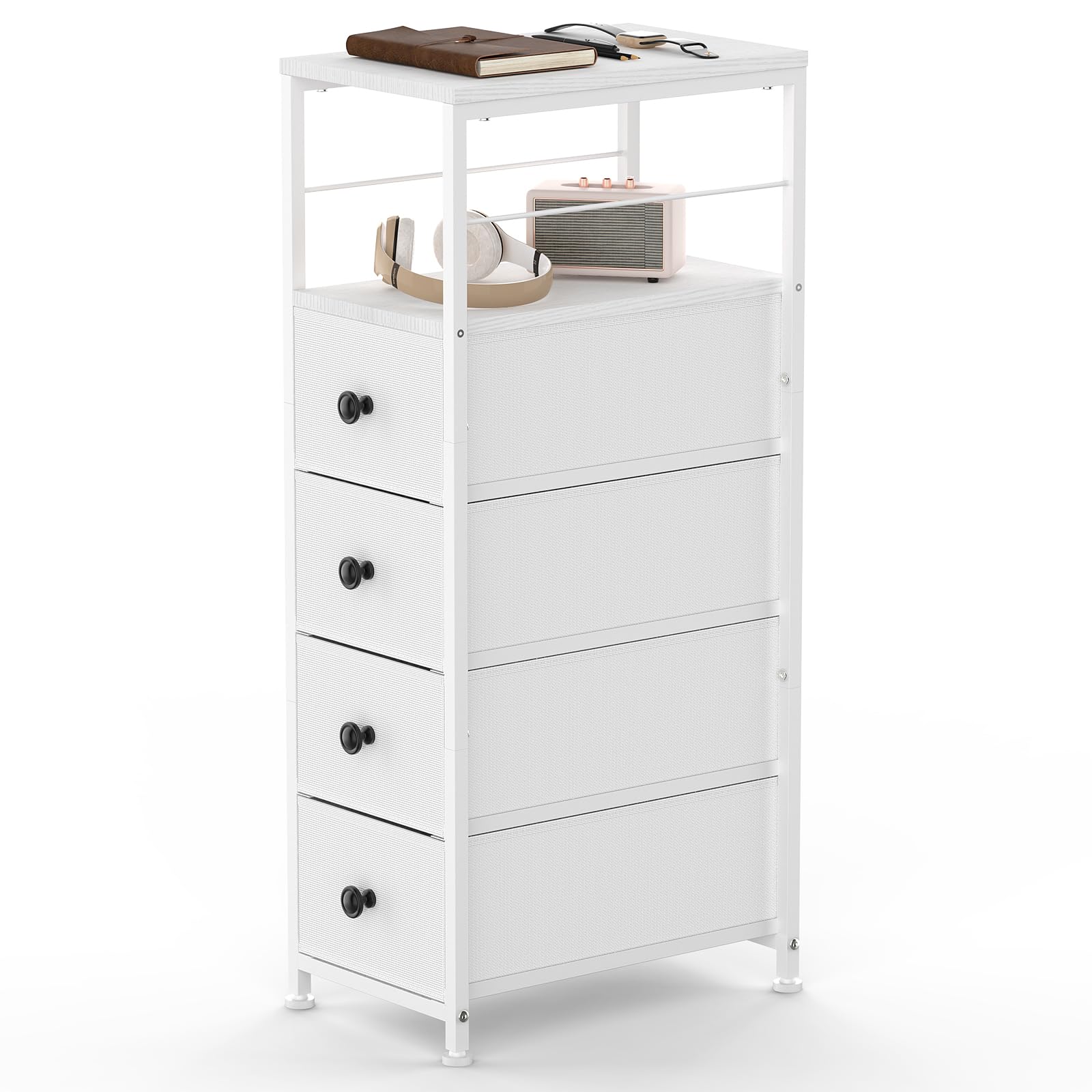 YBING Narrow Dresser for Bedroom, Slim Side Table with Drawer, Dresser Storage Cabinet with 4 Fabric Drawers, Chest of Drawers for Small Space, White