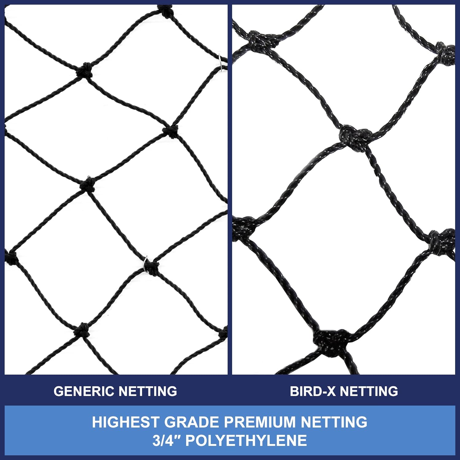 Bird-X PE-Plus Premium Bird Net, Ideal for Gardens and Commerical Applications, Durable Polyethylene Mesh Netting, 3/4" Hole Openings, 50' x 50', Black, NET-PE-50-50