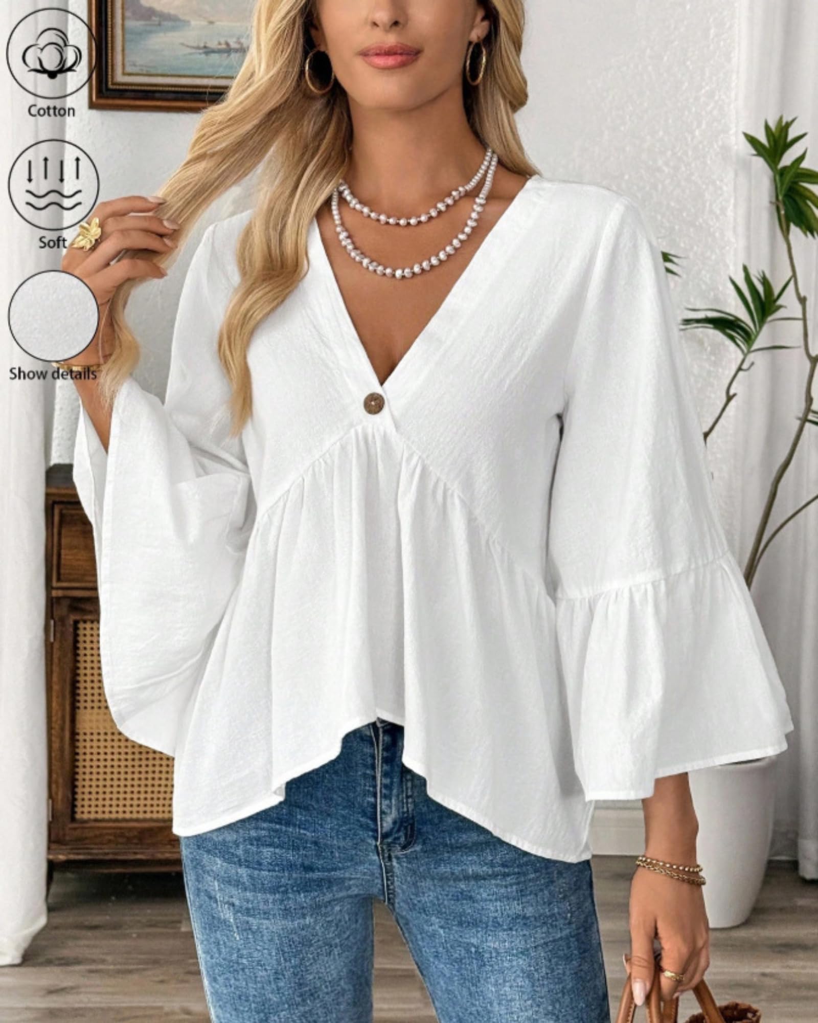 Damska bawełniana tkana bluzka z teksturą, dekolt w szpic, rozszerzane rękawy, dół peplum, luźny krój, tunika, jednolity kolor, casual