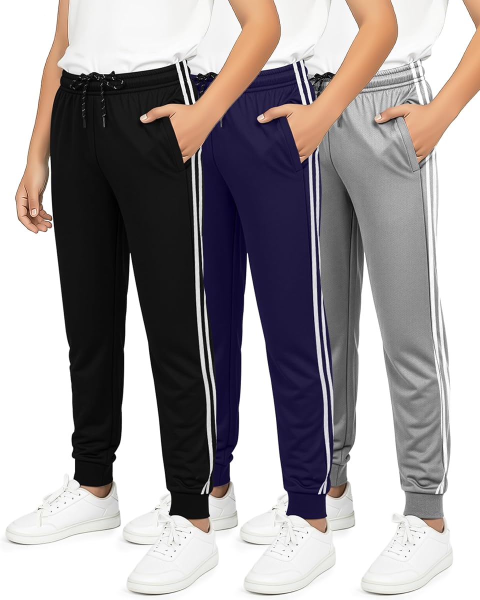3 Pack Boys' Mesh Joggers Athletic Sweatpants Track Pants Pockets Youth