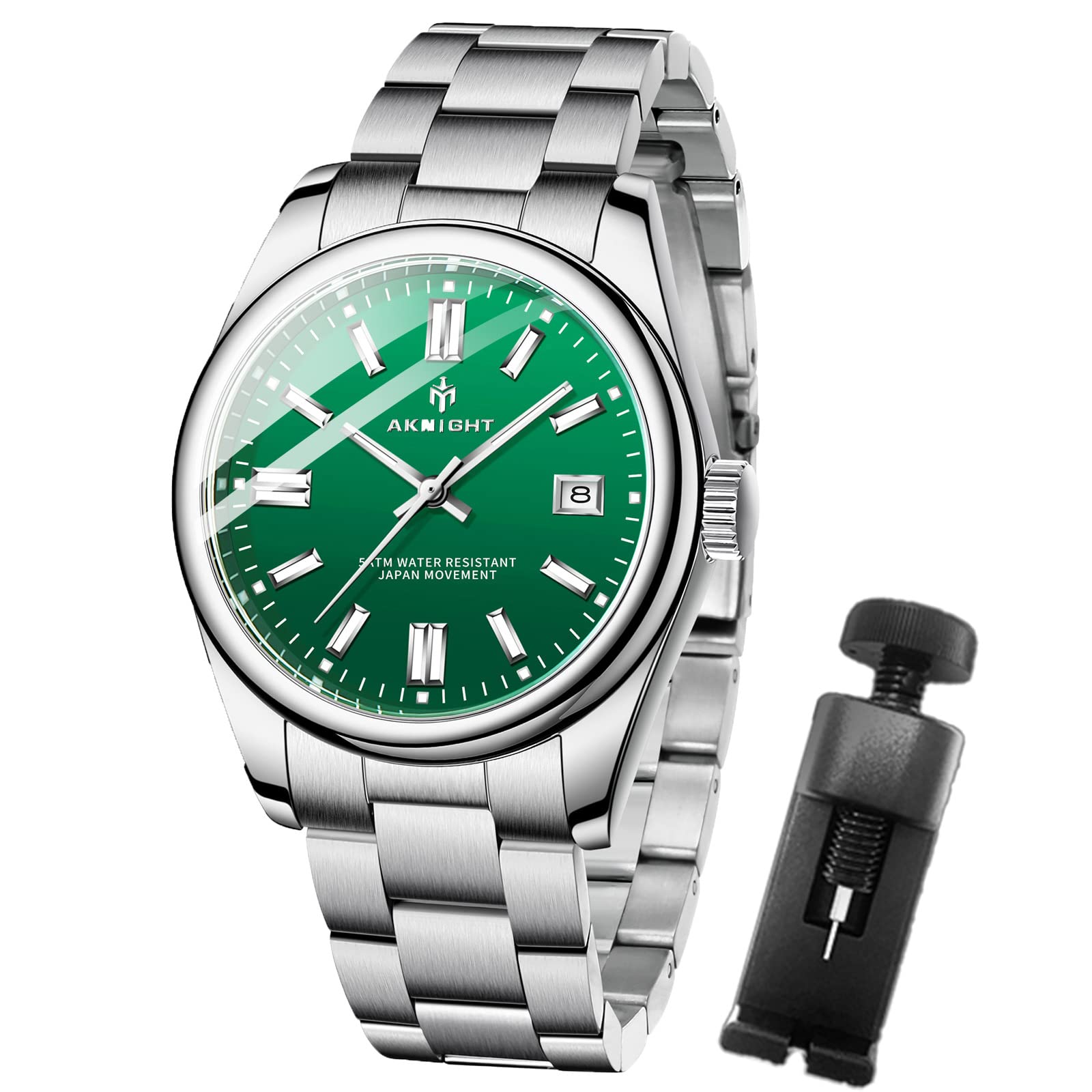 Men Watches Watches for Men Quartz Movement Analog Watch, Green Dial Stainless Steel Strap Fashion Business Watches, Waterproof Luminous Men's Watch