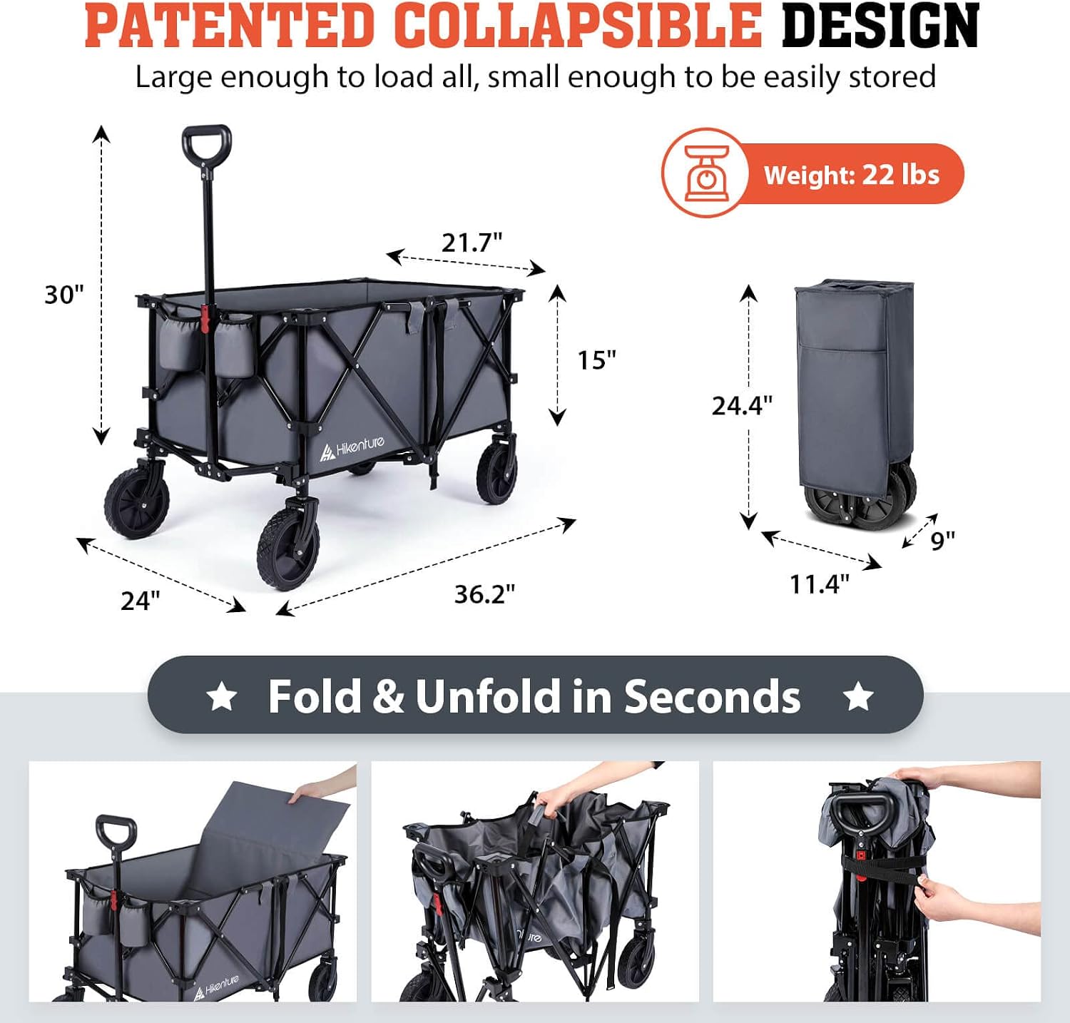 Hikenture Collapsible Wagon Cart, Portable Large Capacity Folding Wagon, Heavy Duty Utility Beach Wagon with All-Terrain Wheels, Outdoor Garden Cart Foldable Wagon for Sports, Shopping, Camping (Grey)