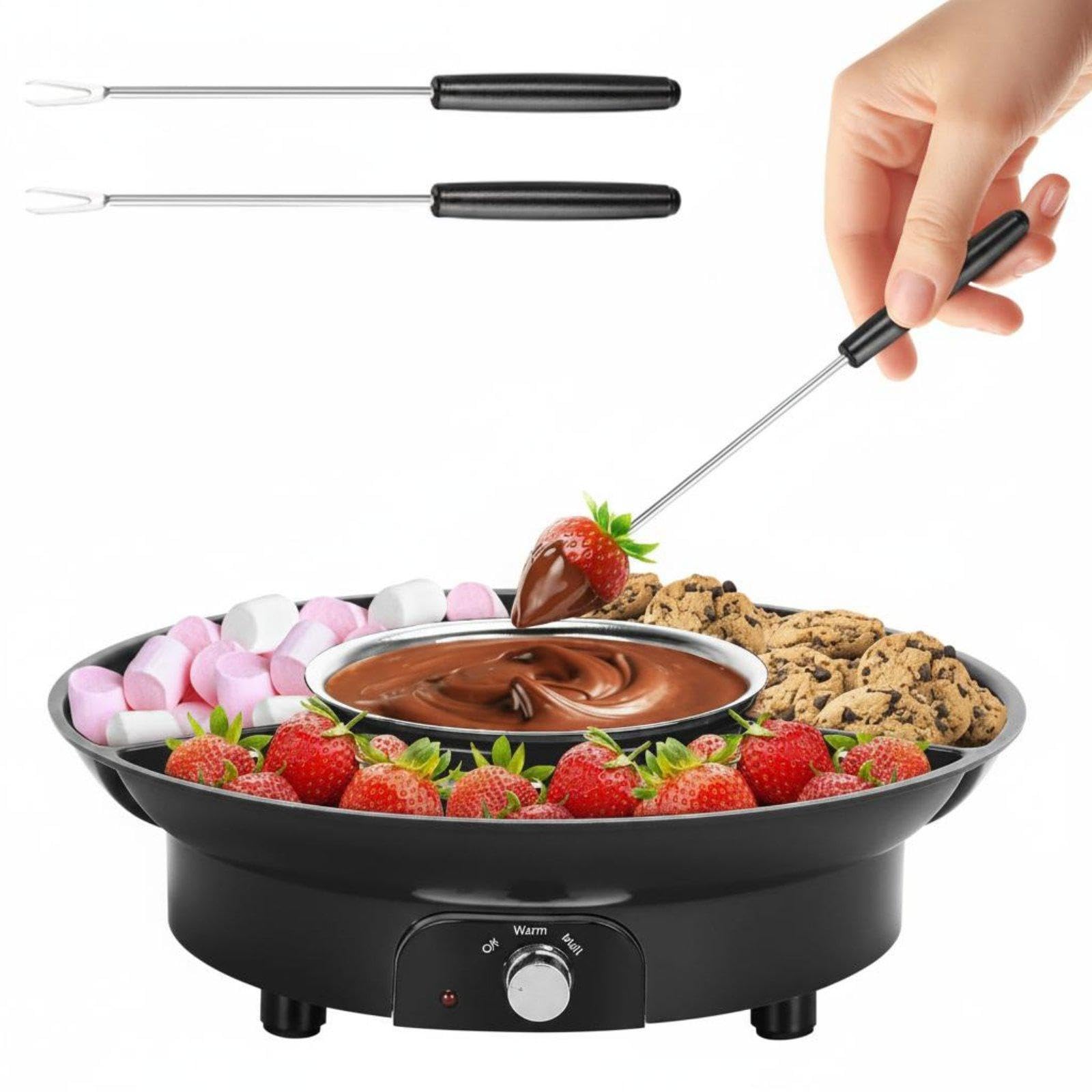 CALANDIS Electric Chocolate Fondue Set 2 Temperature Settings Chocolate Melting Pot with Serving Tray Fun Party Activity Dessert Dipping Station for Kids, Home Black Us Plug-image-20