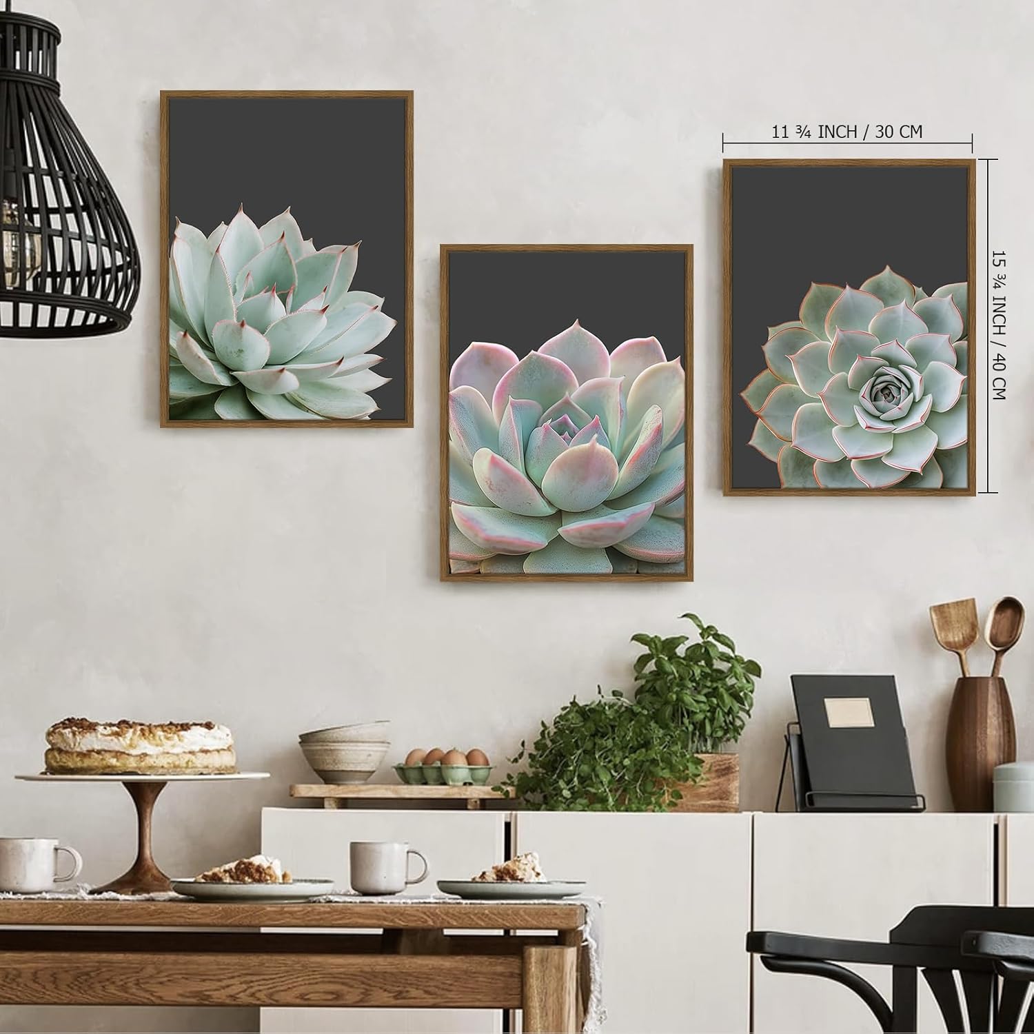 Succulent Wall Art Framed Nature Plant Echeveria Cactus Wall Decor, Tropical Nature Wilderness Botanical Canvas Prints for Bathroom Living Room Bedroom- Ready to Hang, Set of 3, 12"x16"