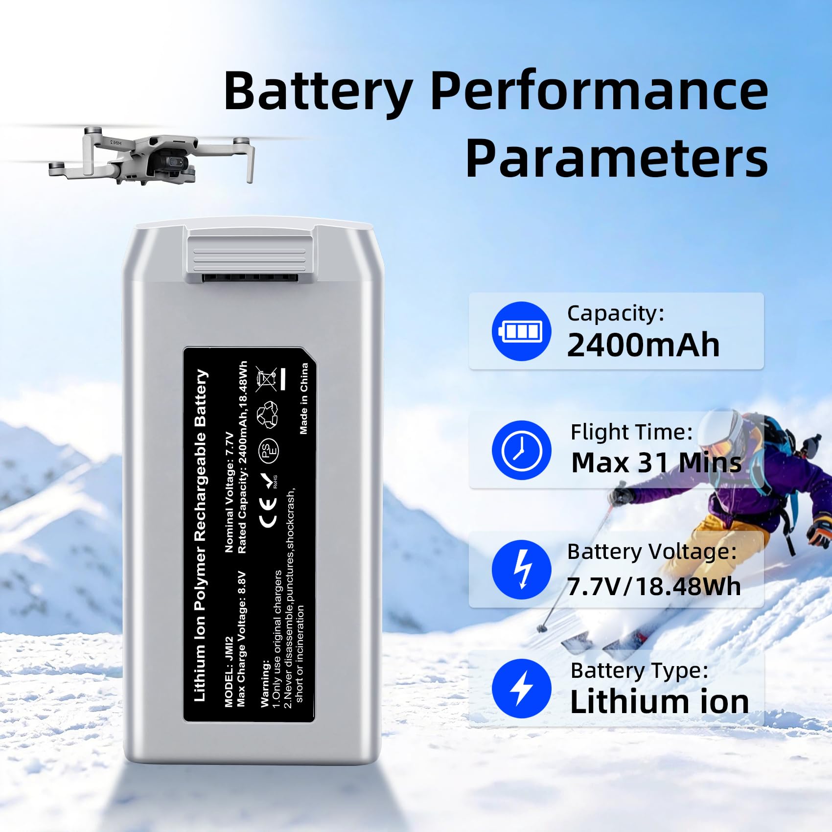 Fantayso Mini 2 Batteria 2400mAh Intelligente Batteria di Volo 2 Pacchetti, 31 Minuti Max Tempo di Volo per DJI Mini 4K Series