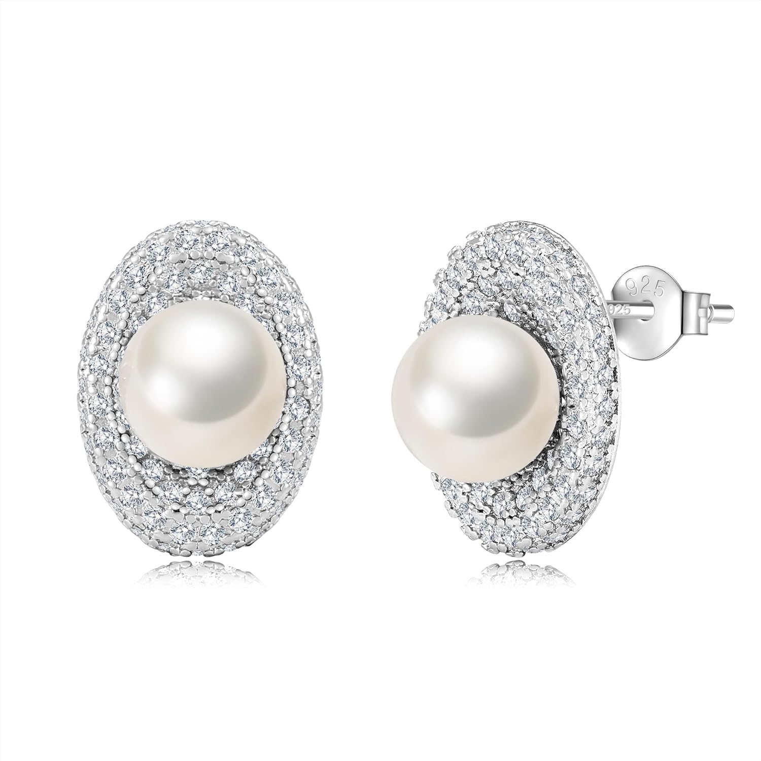Akoya Pearl Stud Earrings for Women – 925 Sterling Silver Halo Oval Earrings with Cubic Zirconia, Cultured Round Pearl Jewelry, Hypoallergenic Gift for Mother’s Day, Anniversary, Birthday