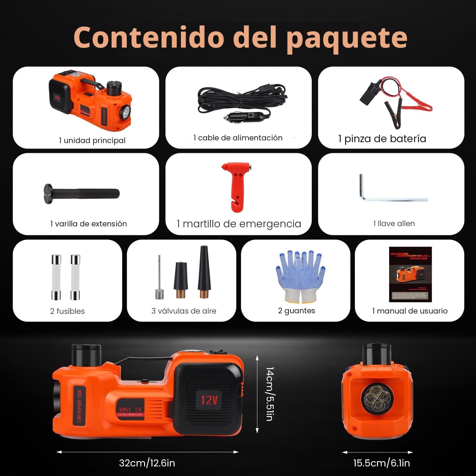 Gato hidráulico eléctrico 5T, 12 V, 180 W, con Bomba Inflable y luz LED, 150-540 mm, para Coche, SUV, sedán, MPV, camión, Cambio de neumáticos, reparación de Garaje