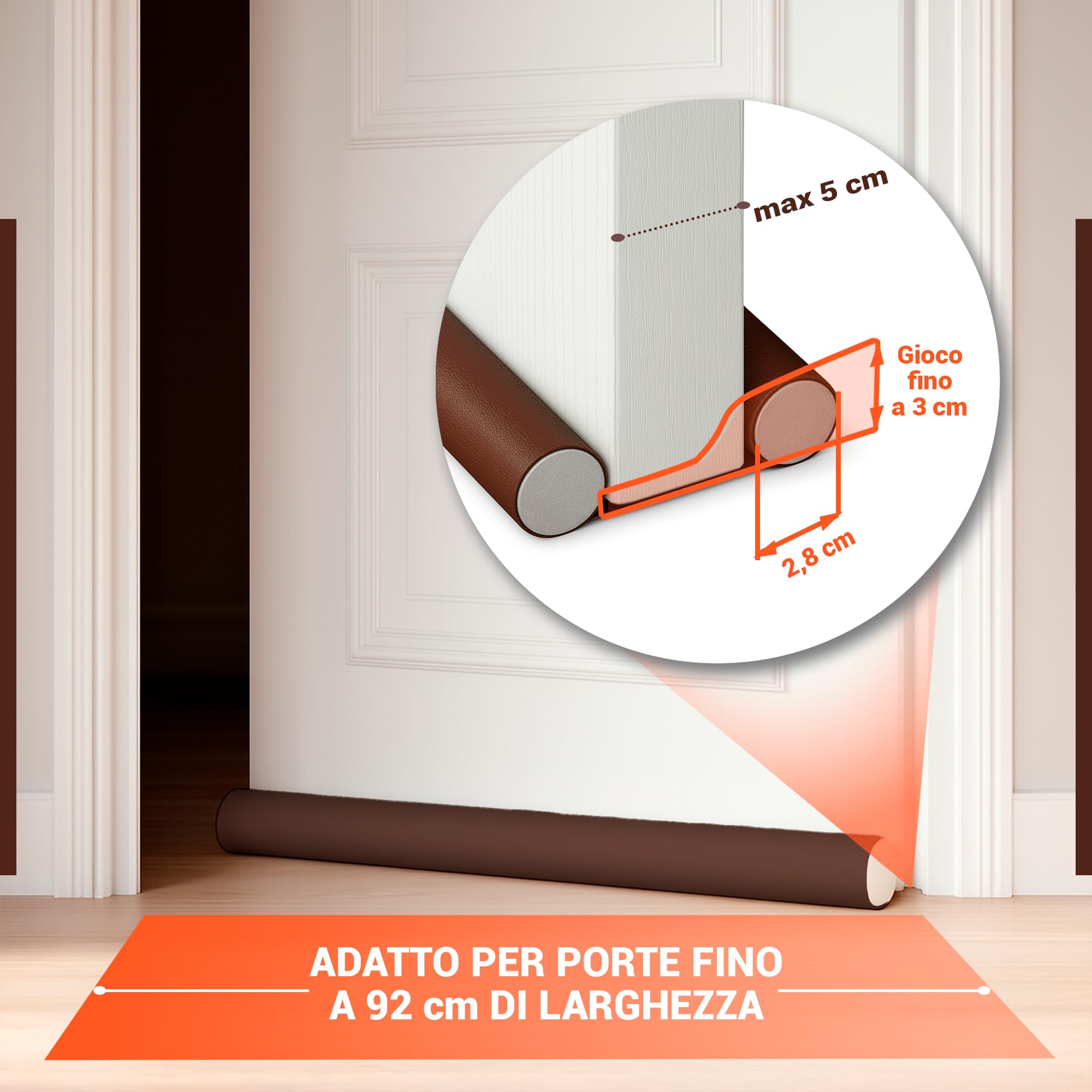 Paraspifferi Sottoporta per Porte Interne ed Esterne da 5,5 cm di Spessore e Lunghezza di 92 cm | Guarnizione Insonorizzante per Spifferi Porta Ingresso (1x Marrone)