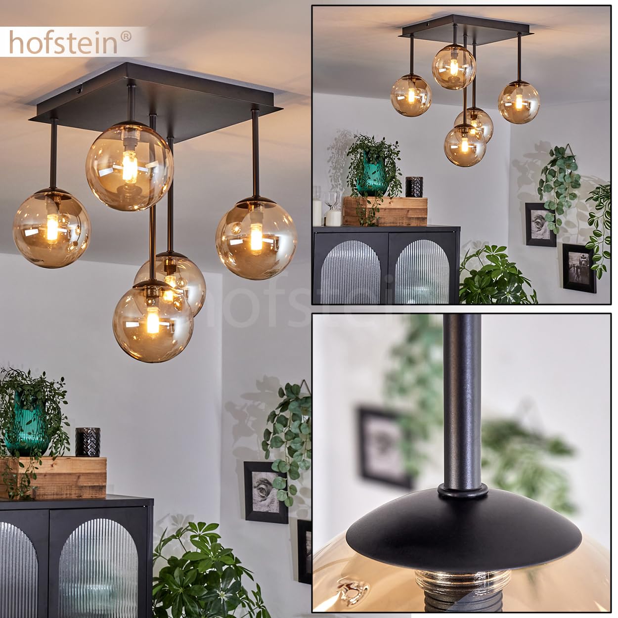 Plafonnier Chehalis, plafonnier en métal/verre noir/ambre, luminaire au design rétro/vintage avec abat-jour en verre (Ø 12 cm), 5 x G9 LED, sans ampoules