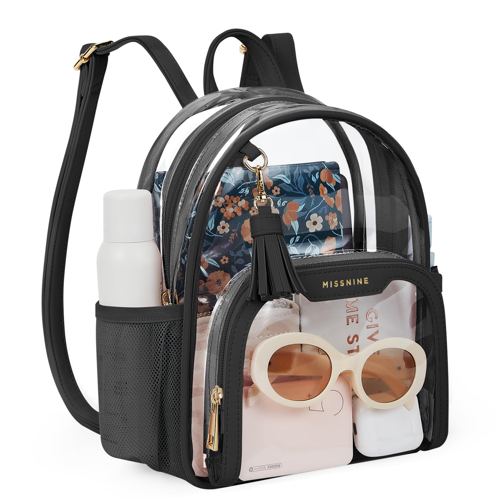 Missnine Small Clear Backpack for Stadium Events Anti-theft Mini Clear Bag for Sport Event Concert with Cute Pom-pom Ball