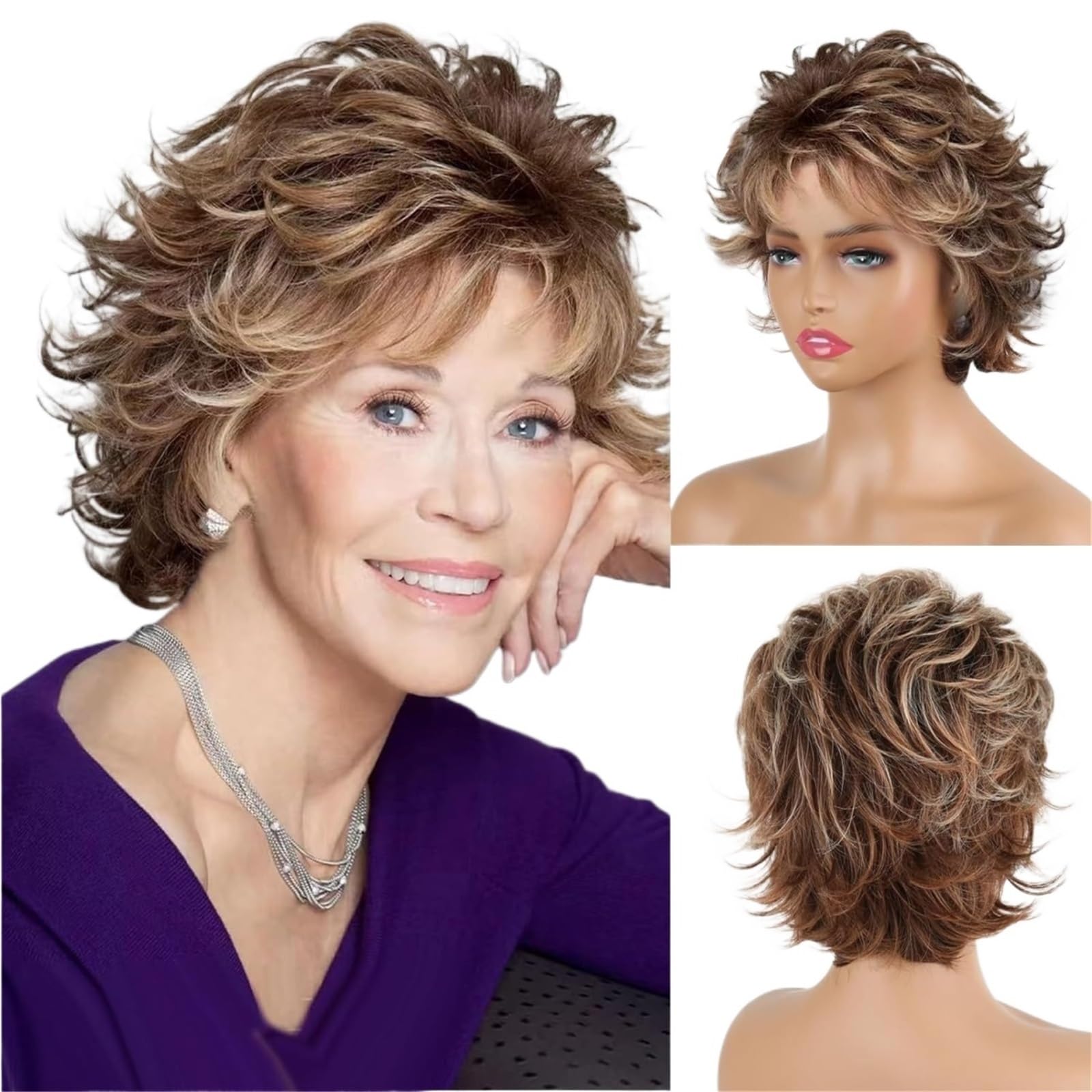 ZTHYSHOZ Women's Wig Women's Brown Short Curly Wig With Loose And Slightly Upturned Head Cover