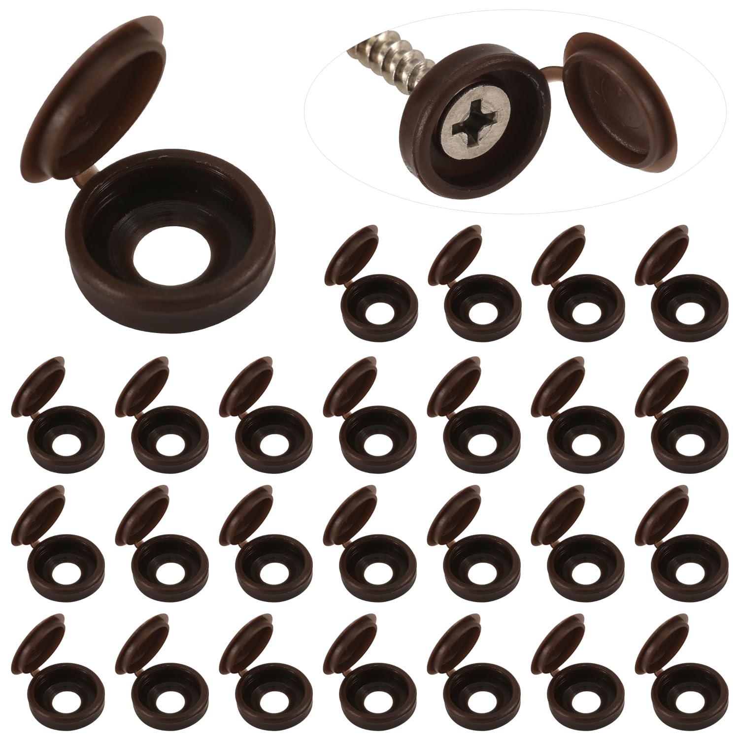 100pcs Plastic Hinged Screw Cover Caps, Folding Snap Covers for Screw Heads Protection (Dark Brown)