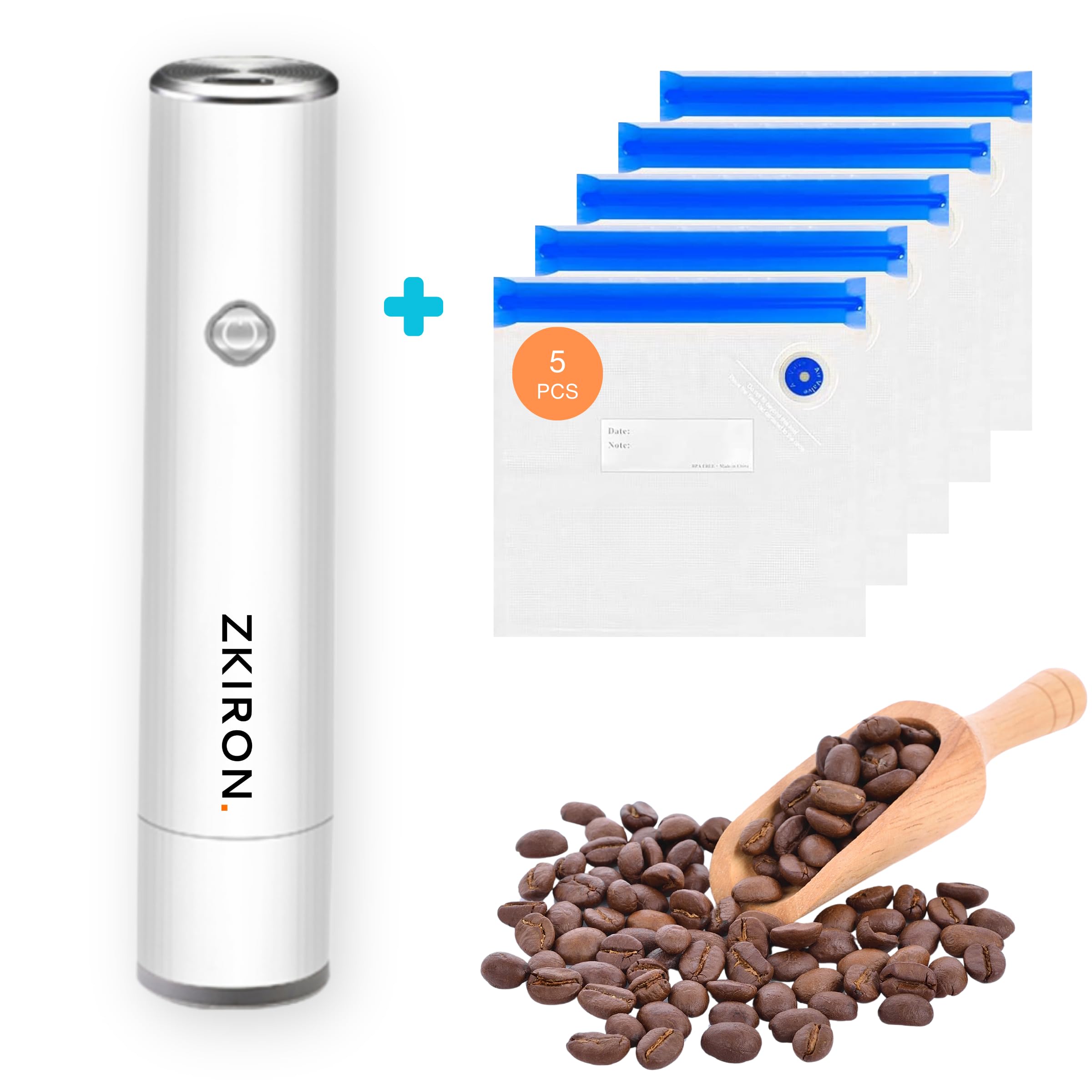 ZKIRON OneTouch Handheld Vacuum Sealer Machine – Rechargeable Mini Food Saver with 5 Reusable Bags, Compact Air Sealing Device for Sous Vide, Meal Prep, and Kitchen Storage (White)