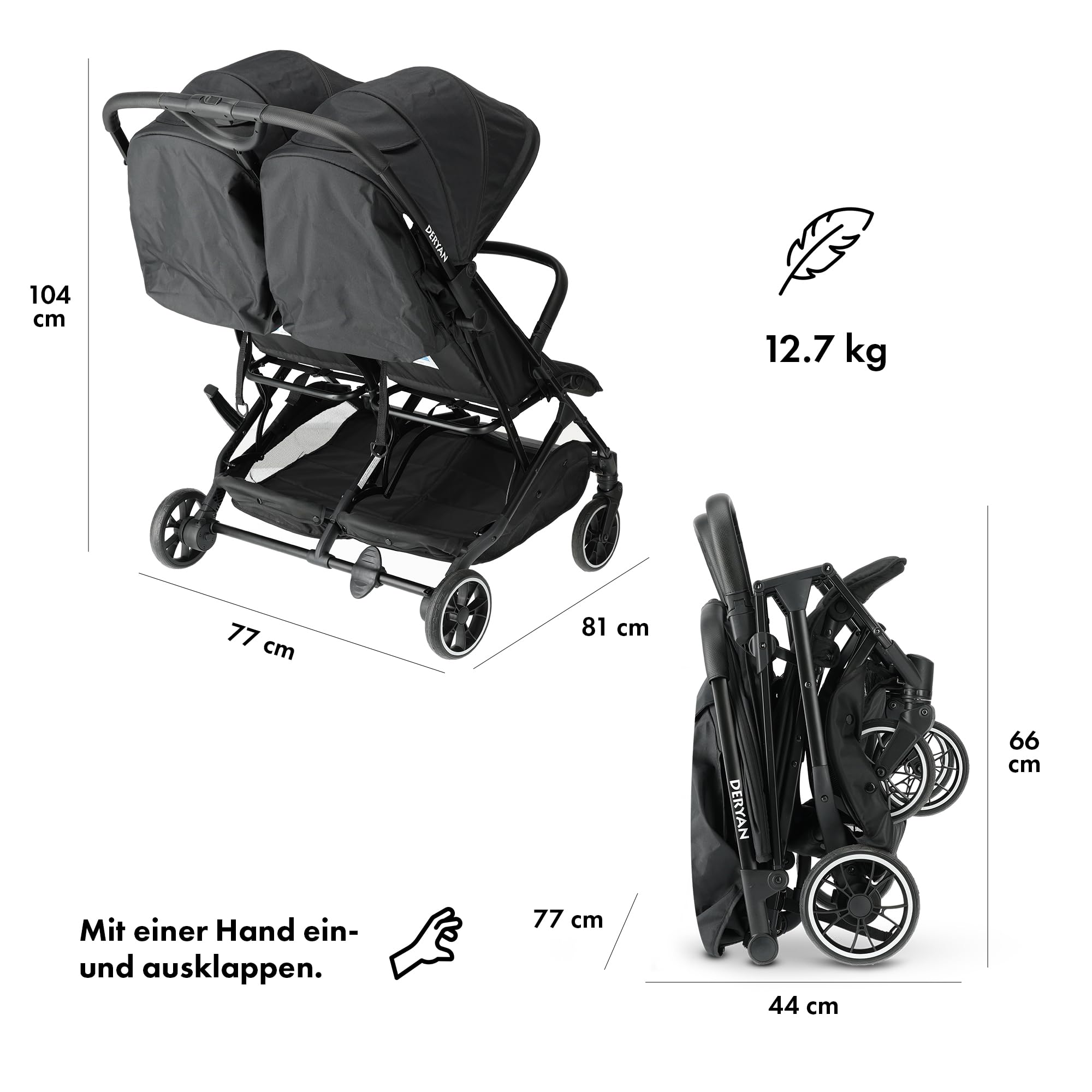 Deryan Rolo X2 Kinderwagen Buggy 2 in 1 - klappbar bis 44kg - Schwarz