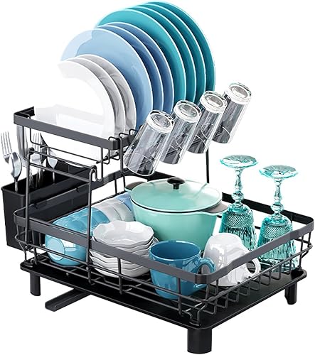 DMTXCRP Escurridor de platos, ahorro de espacio y duradero, a prueba de óxido, estantes grandes de acero inoxidable de 2 niveles para encimera de