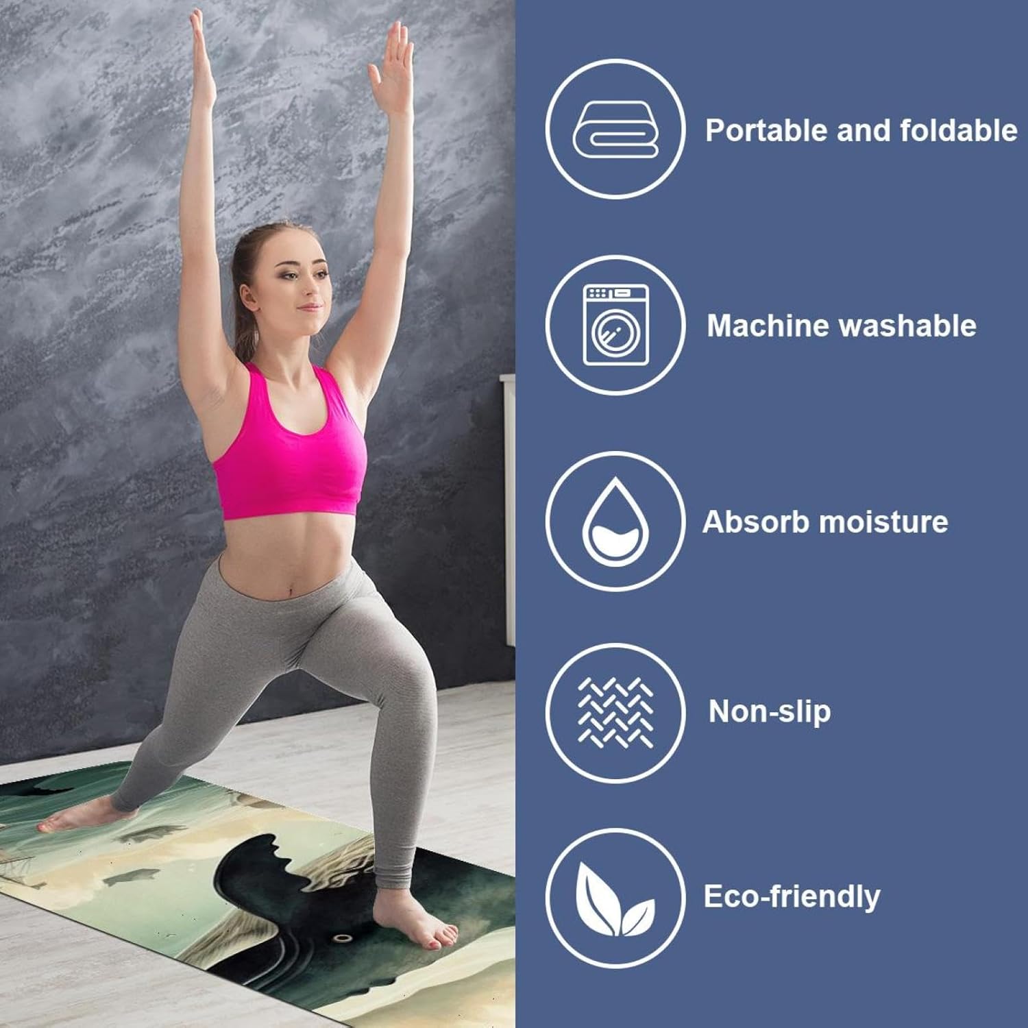 Yoga Towel, Whale Sea Pattern Non Slip Sweat Absorbent Hot Yoga Mat Towel for Hot Yoga, Pilates and Fitness - 72.8" x 26.8"