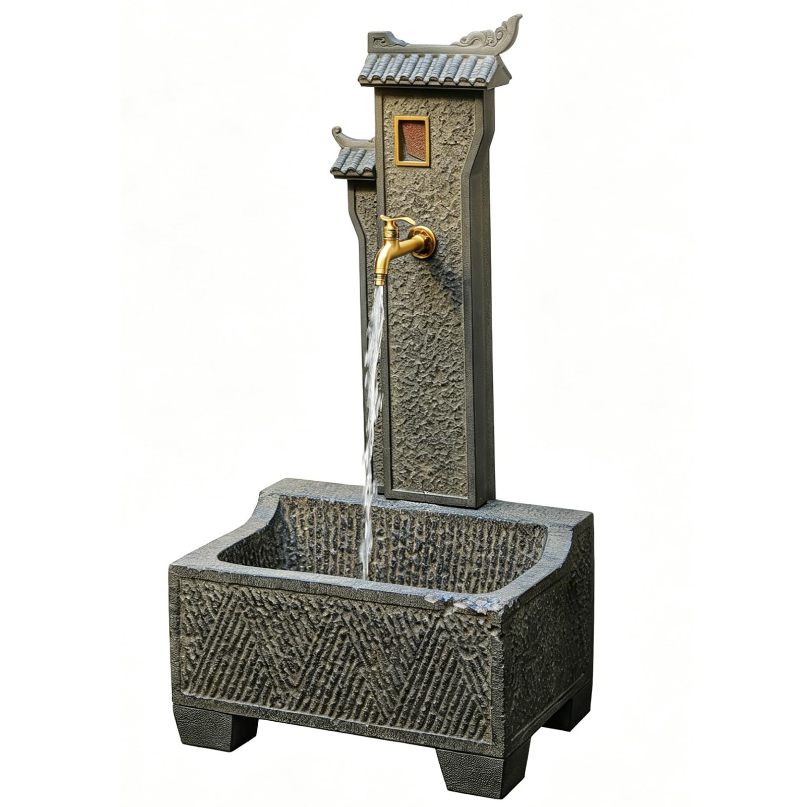 Chinese Traditional Courtyard Style Garden Water Column, Outdoor Faucet with Brass Spigot and Mop Sink for Patio and Backyard