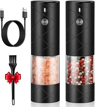 Rechargeable Electric Salt and Pepper Grinder Set, Larger 1/2-Cup Capacity | Fewer refills, One-handed, 6 grind levels, Ceramic grinders, Built-in LED, 500mAh battery, Quick USB-C Recharge