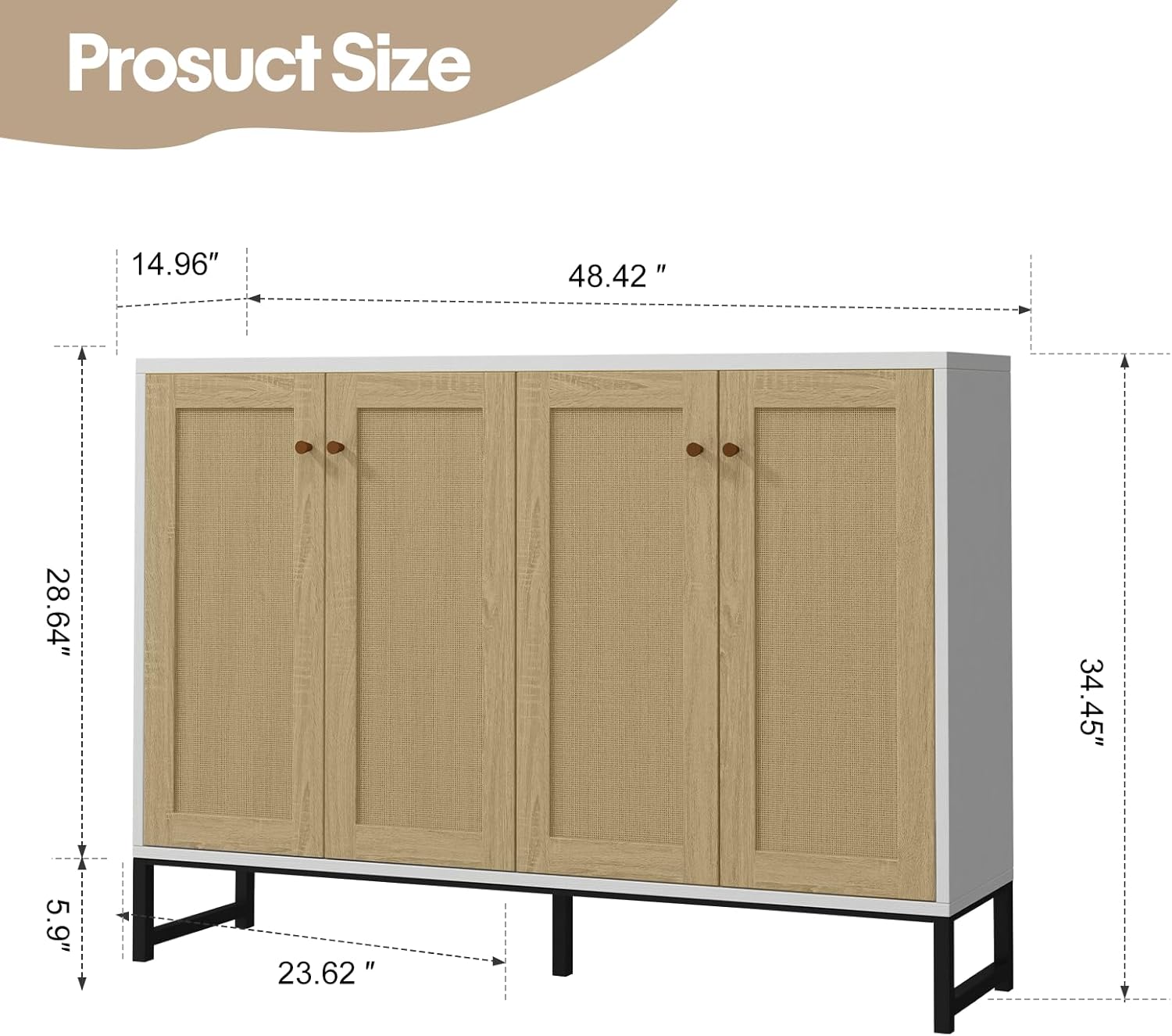 Panana Sideboard Accent Storage Cabinet with Rattan Decorated 4 Doors Dining Room Freestanding Kitchen Buffet Table Cupboard (White)