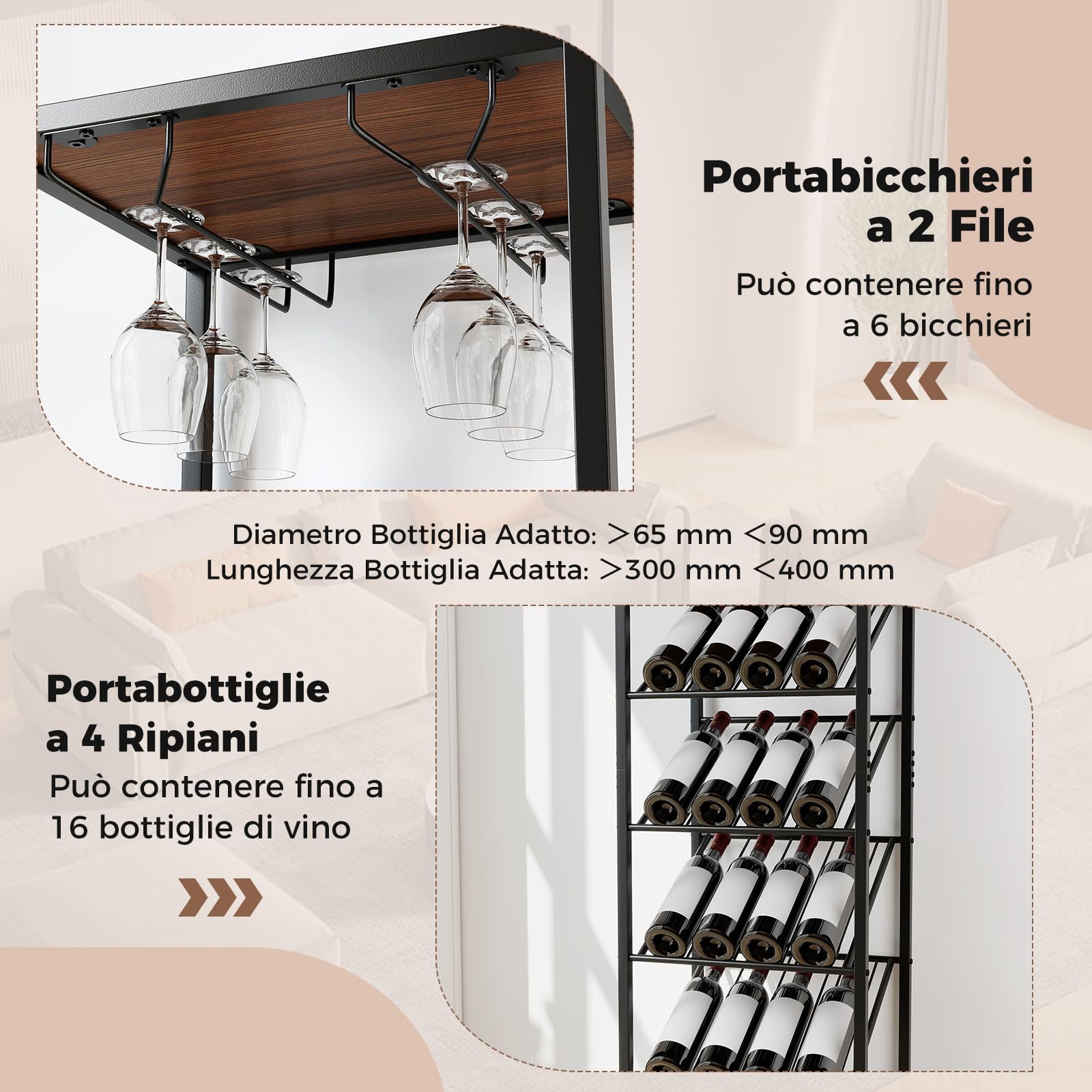 COSTWAY Portabottiglie da Terra a 7 Livelli, Cantinetta Portabottiglie di Vino con Portabicchieri e Piano d'Appoggio, per 16 Bottiglie, Scaffale Espositivo per Vino per Bar, Cucina e Sala da Pranzo
