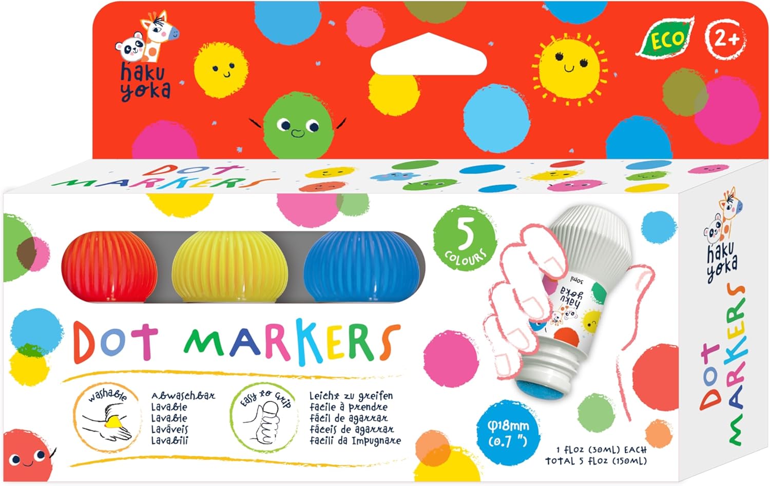 Hakuyoka Dot Markers - Washable Painting 5-Color Set | Easy Grip & Non-Toxic | Fun Dot Art for Kids (Vivid Colors)