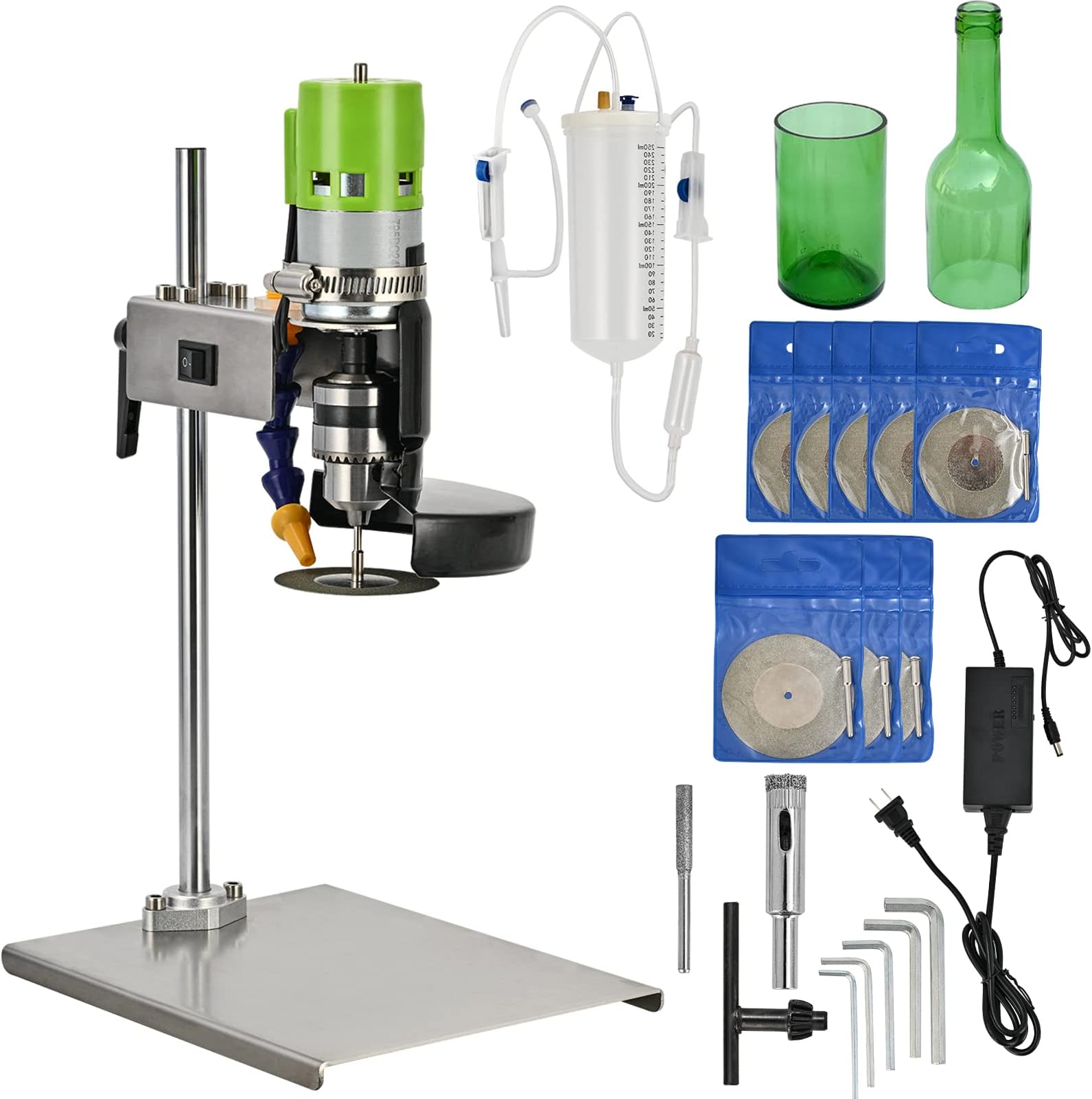 DIYAREA Bottle Cutter Electric Glass Bottle Cutting Machine 150W 6000RPM DIY Vine Bottle Cutter with 8 pcs Emery Abrasive Blade for Round/Square/Irregular Glass or Ceramic Bottles