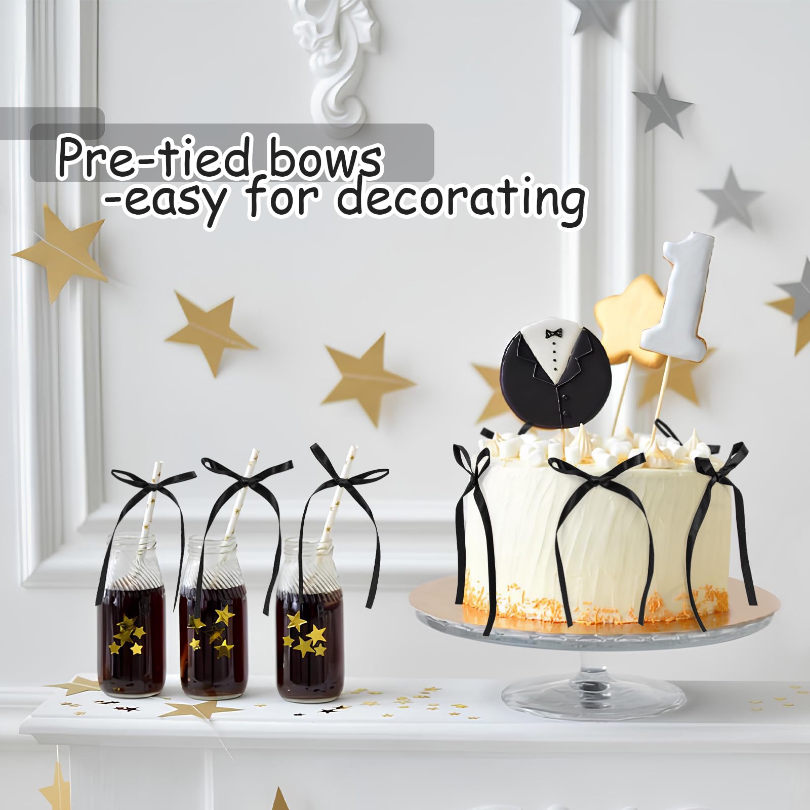 30 Fiocchi Neri Per Decorazione Torte, Nastri In Poliestere 16x9,5 Cm, Per Compleanni, Matrimoni, Baby Shower, Confezioni Regalo