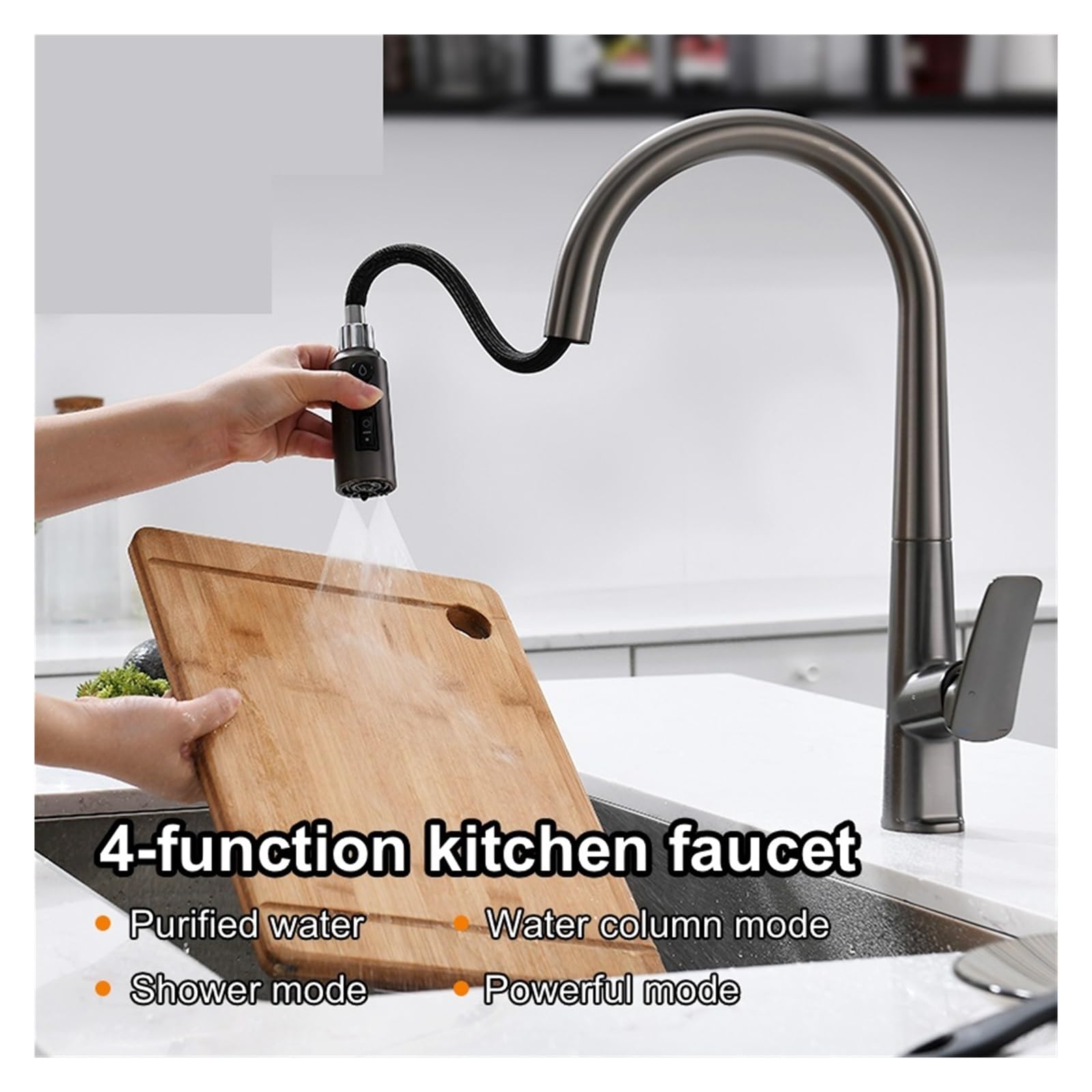Bateria łazienkowa, Kran kuchenny z filtrem do wody, podwójna wylewka, czysta woda pitna, wyciągany mikser(Black Faucet)