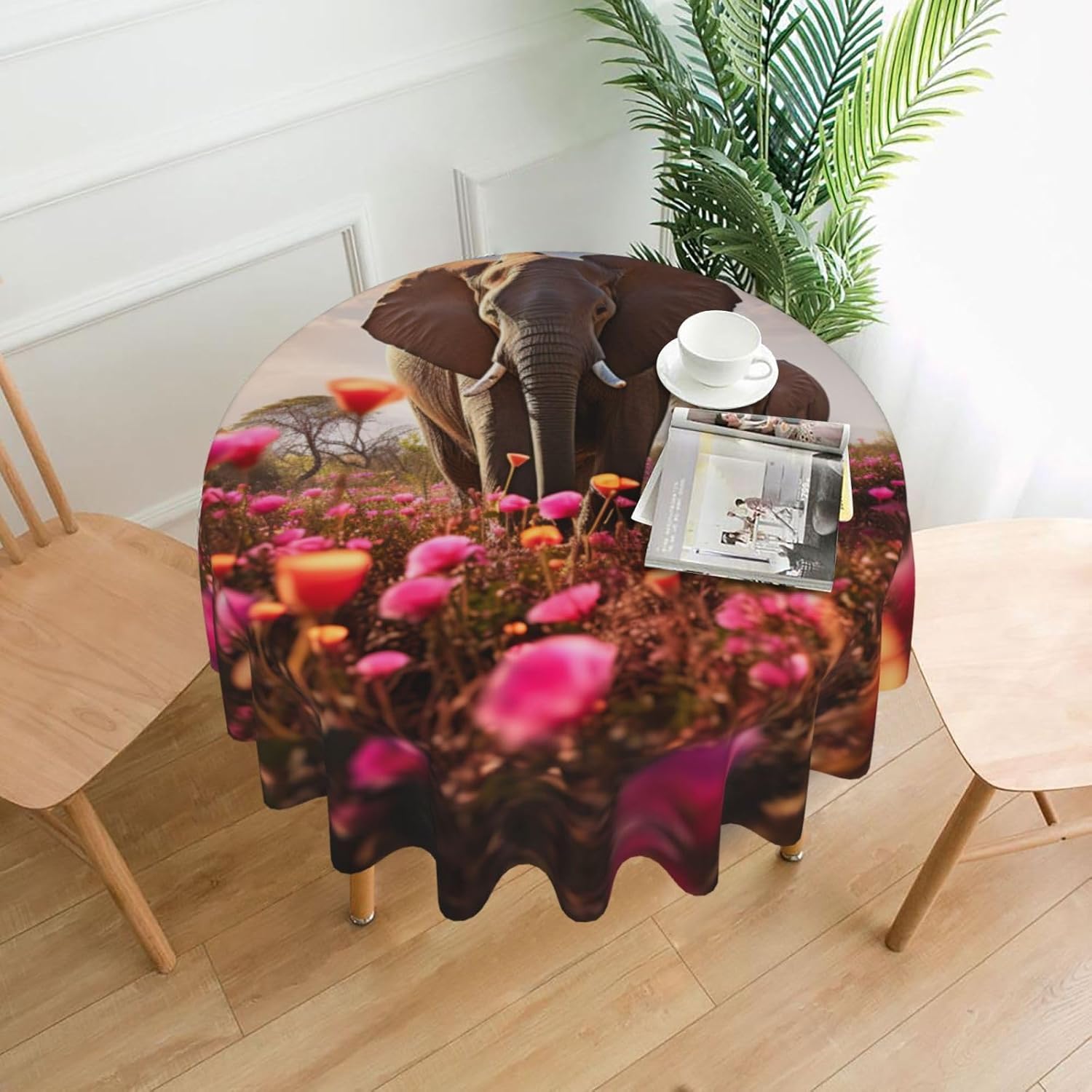 Flower-Elephant Print Wrinkle Free Dining Table Cover for Birthday Party Farmhouse Tablecloths Up to 60 x 60 Inches