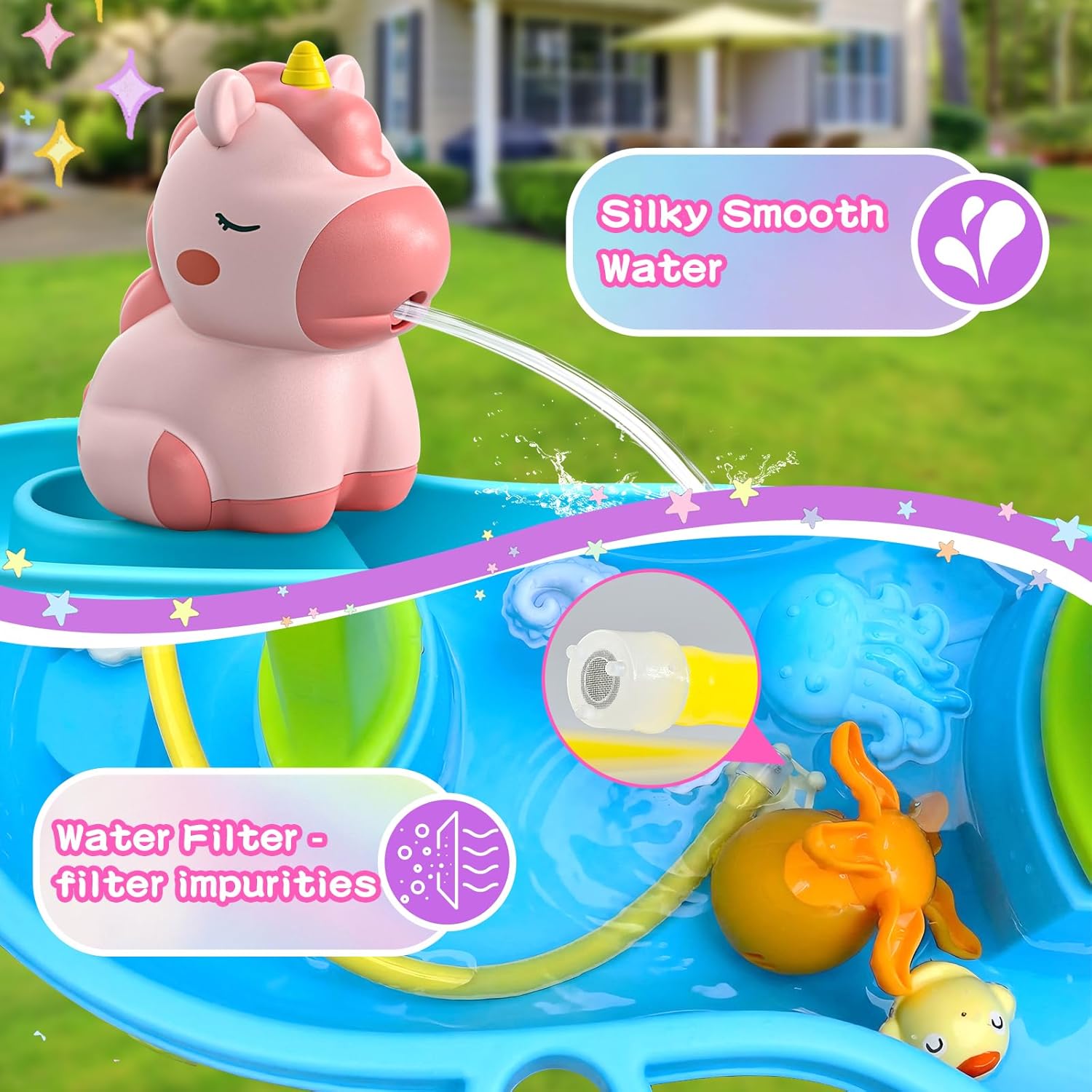 weirtoya Water Table Pump for Toddlers, Unicorn Toys Battery Powered Pump for Water Table Cordless Work Splash Toys Kids Toddler Summer Outddor Toys